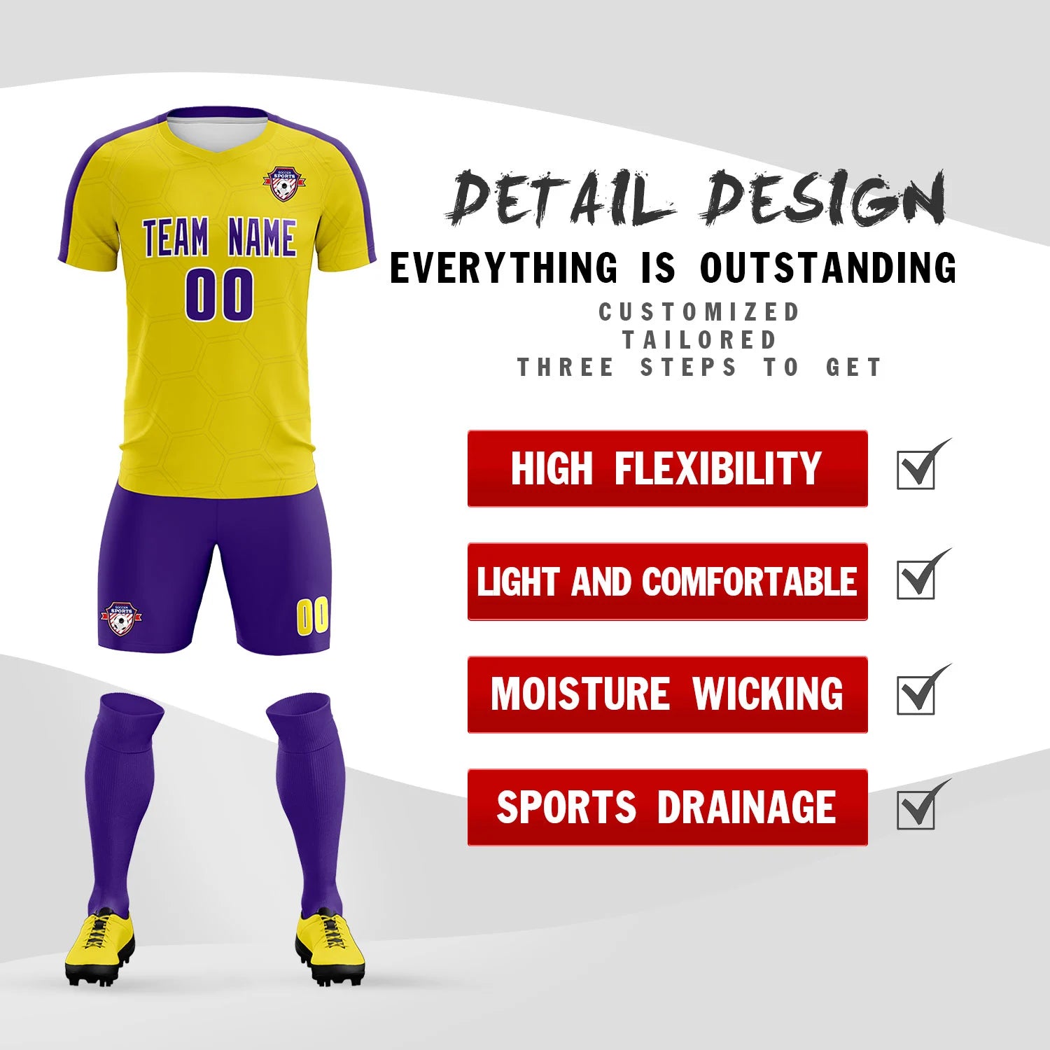 Custom Yellow Purple Outdoor Sport Soccer Sets Jersey