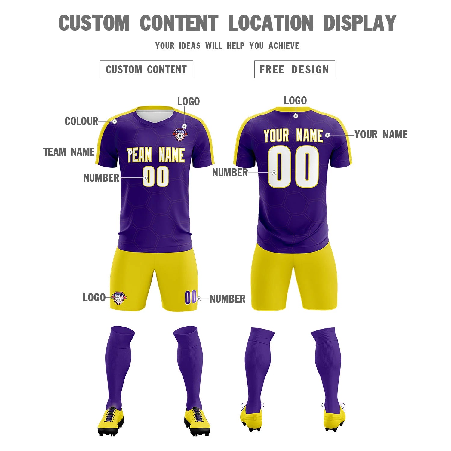 Custom Purple Yellow Outdoor Sport Soccer Sets Jersey