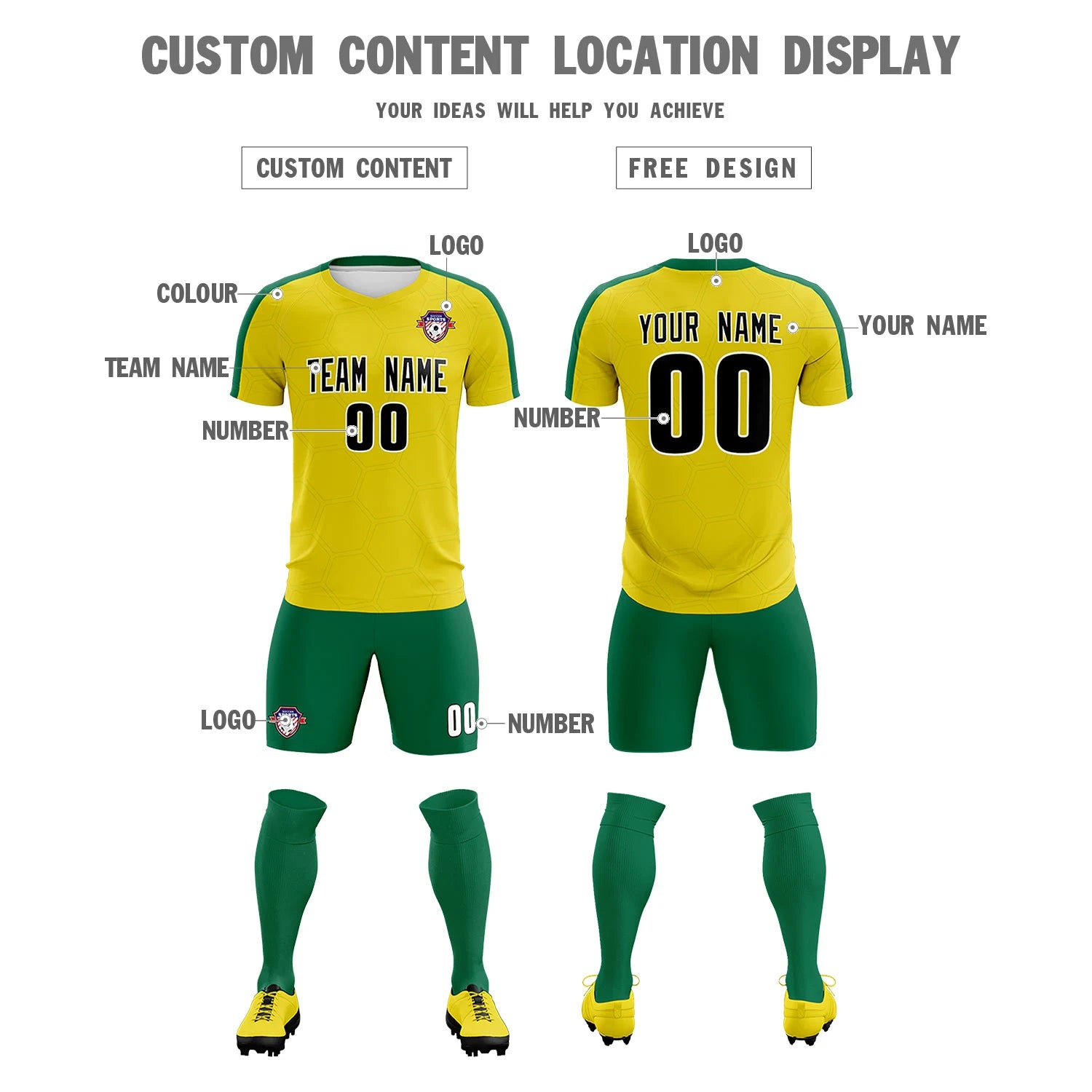 Custom Yellow Kelly Green Outdoor Sport Soccer Sets Jersey