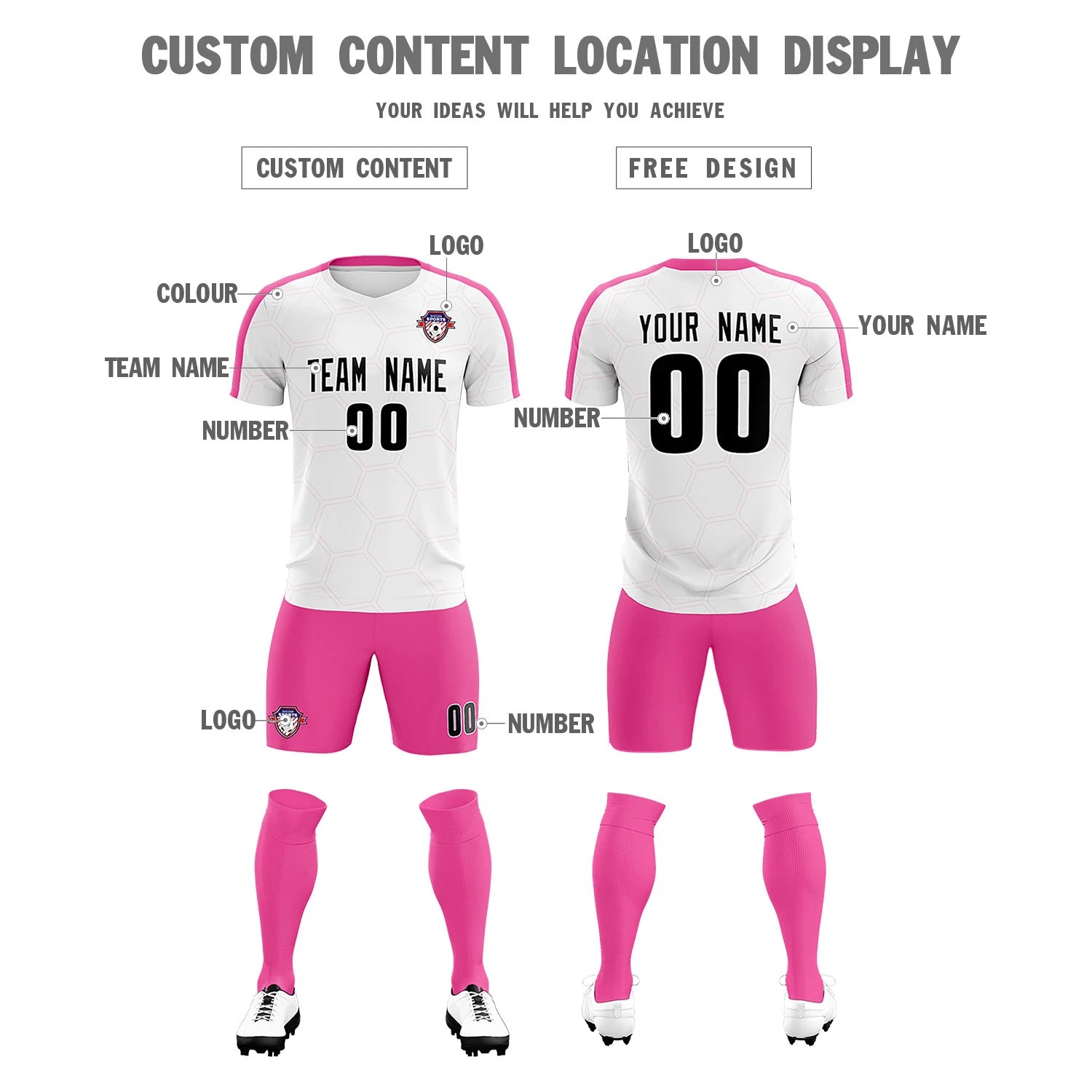 Custom White Pink Outdoor Sport Soccer Sets Jersey