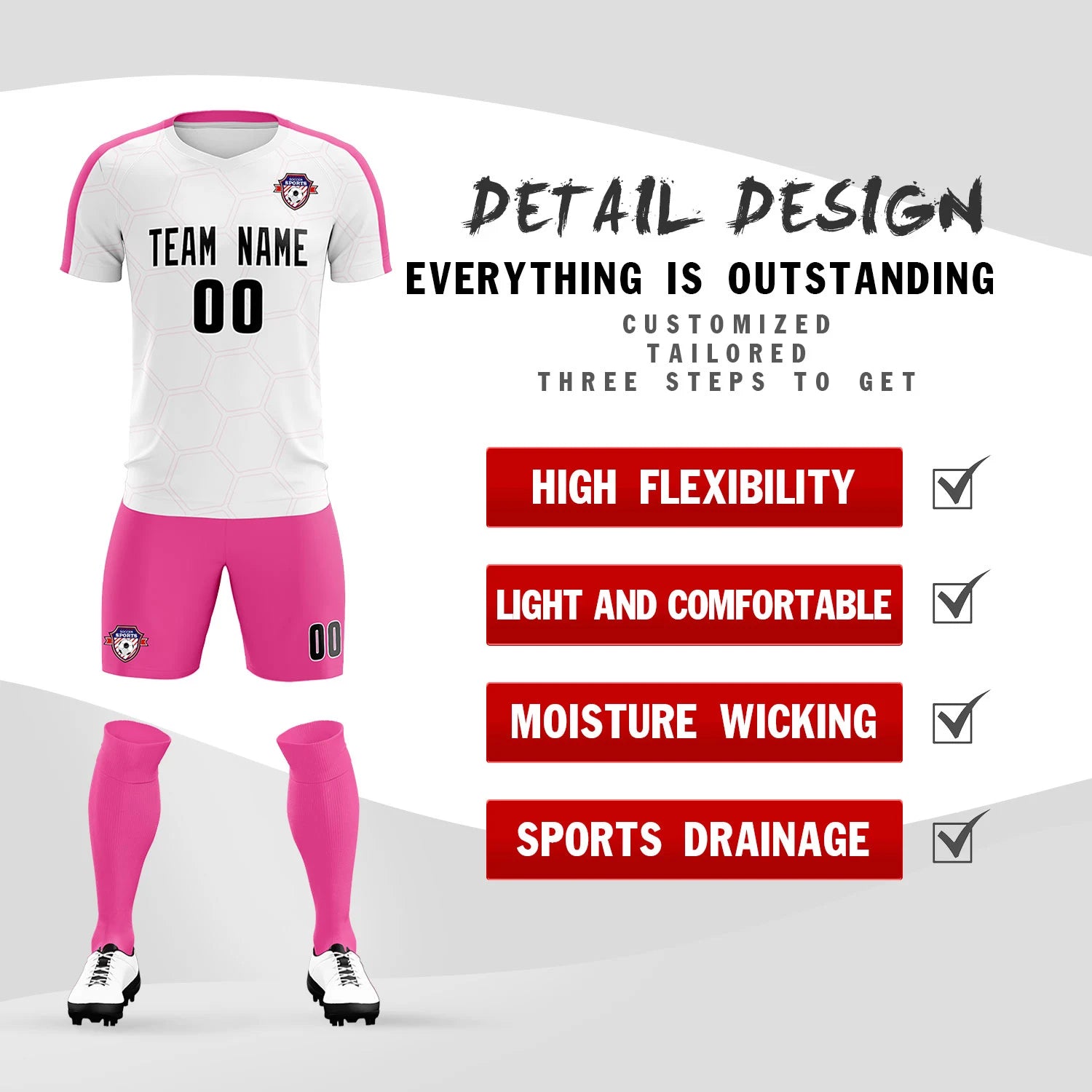Custom White Pink Outdoor Sport Soccer Sets Jersey