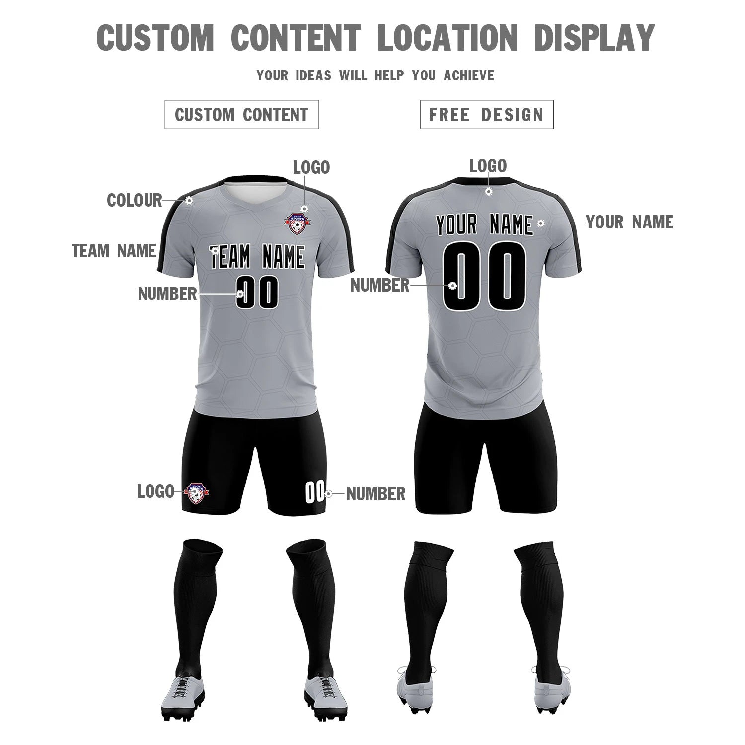 Custom Gray Black Outdoor Sport Soccer Sets Jersey