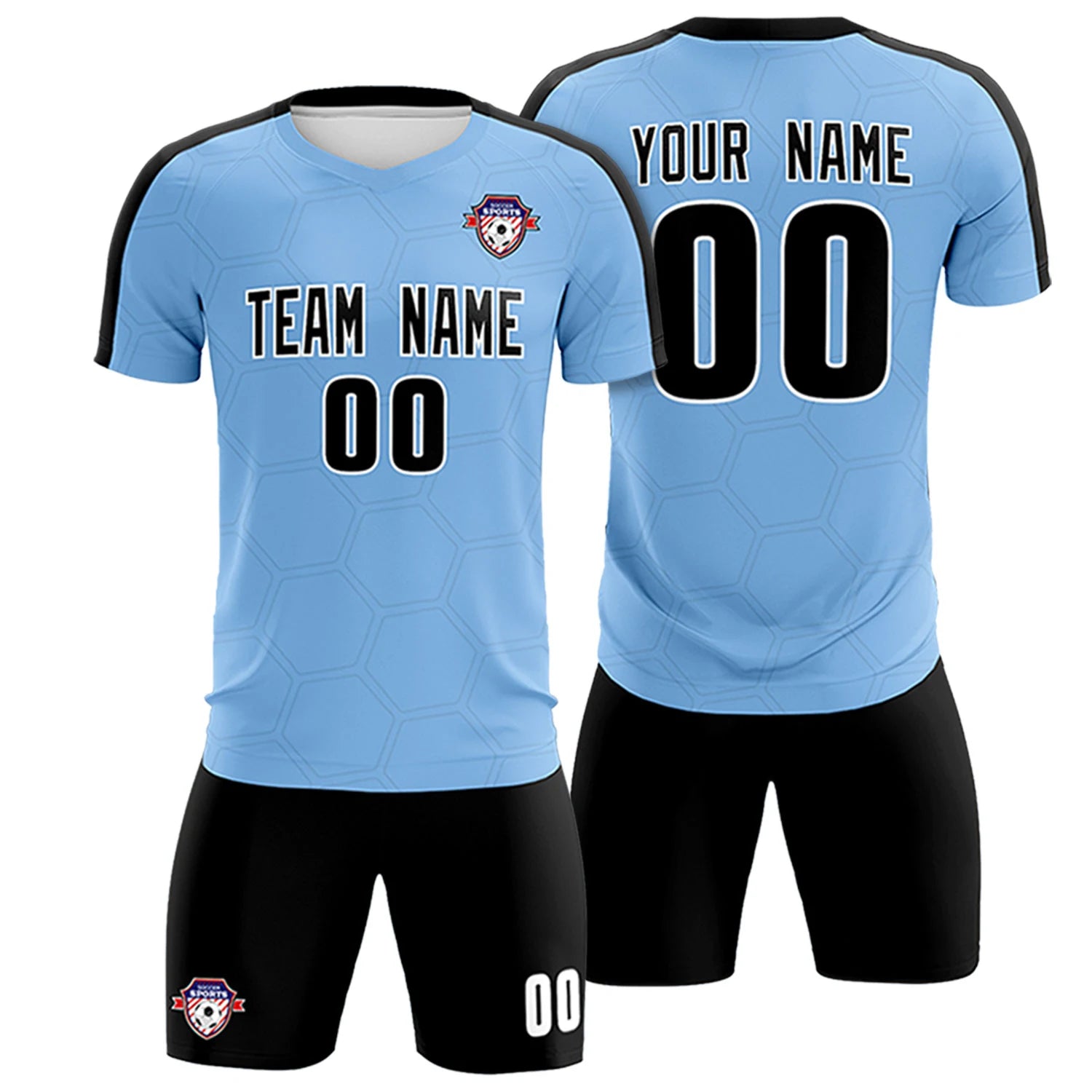 Custom Light Blue Black Outdoor Sport Soccer Sets Jersey