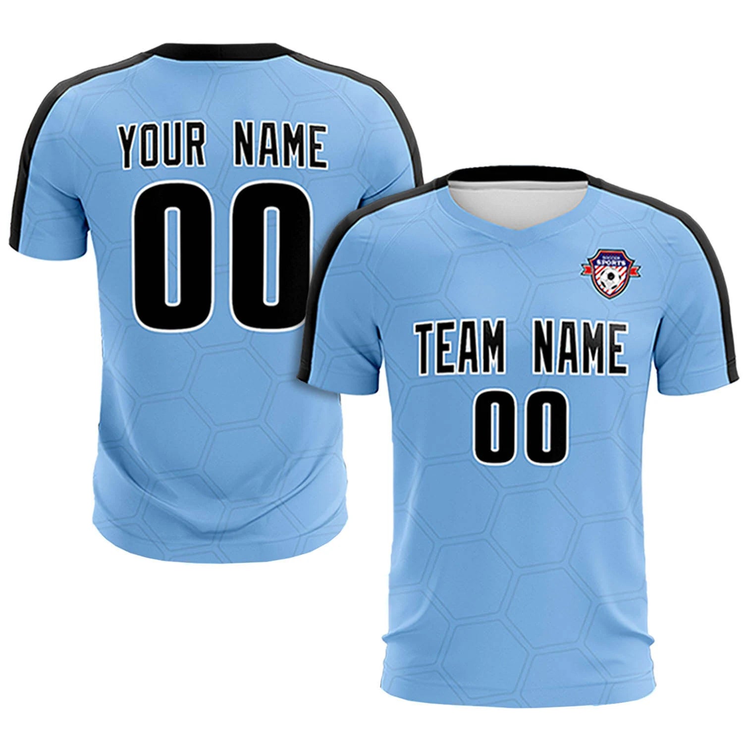 Custom Light Blue Black Outdoor Sport Soccer Sets Jersey