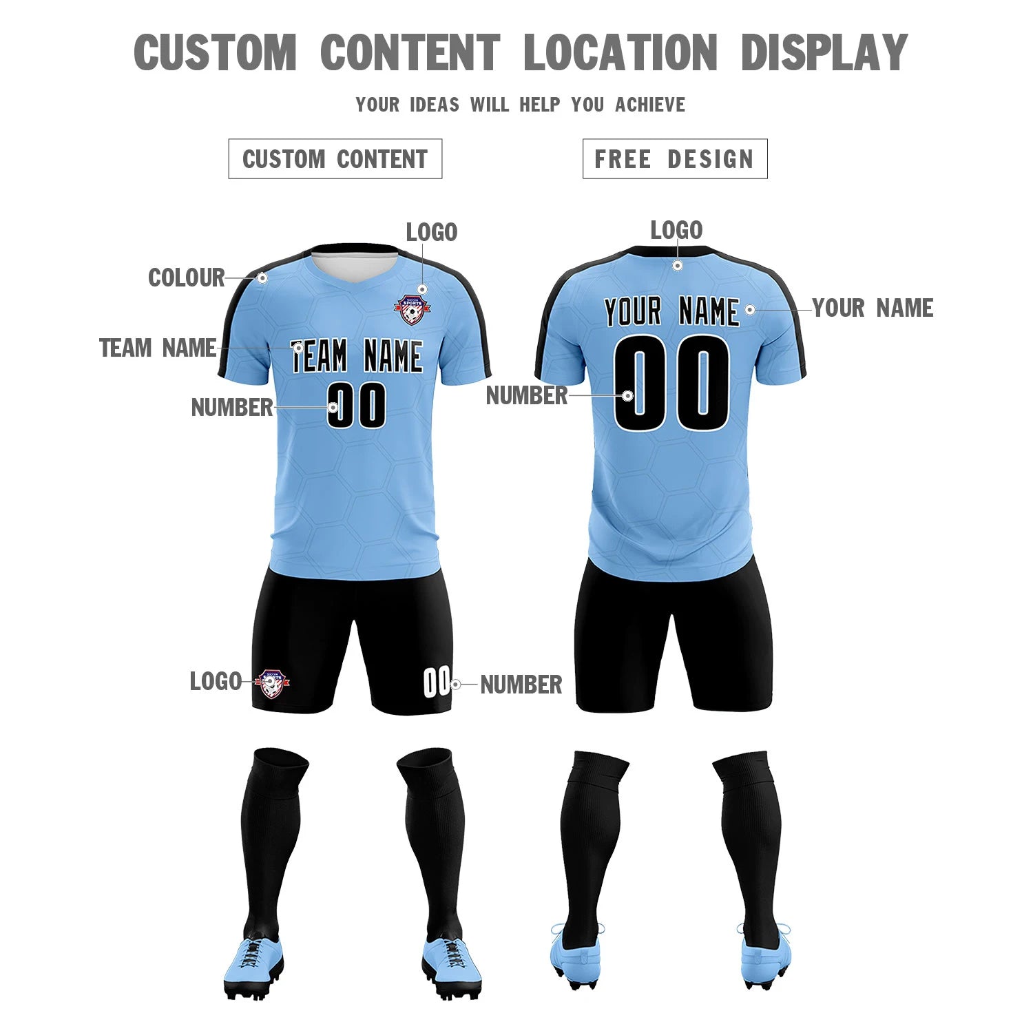 Custom Light Blue Black Outdoor Sport Soccer Sets Jersey