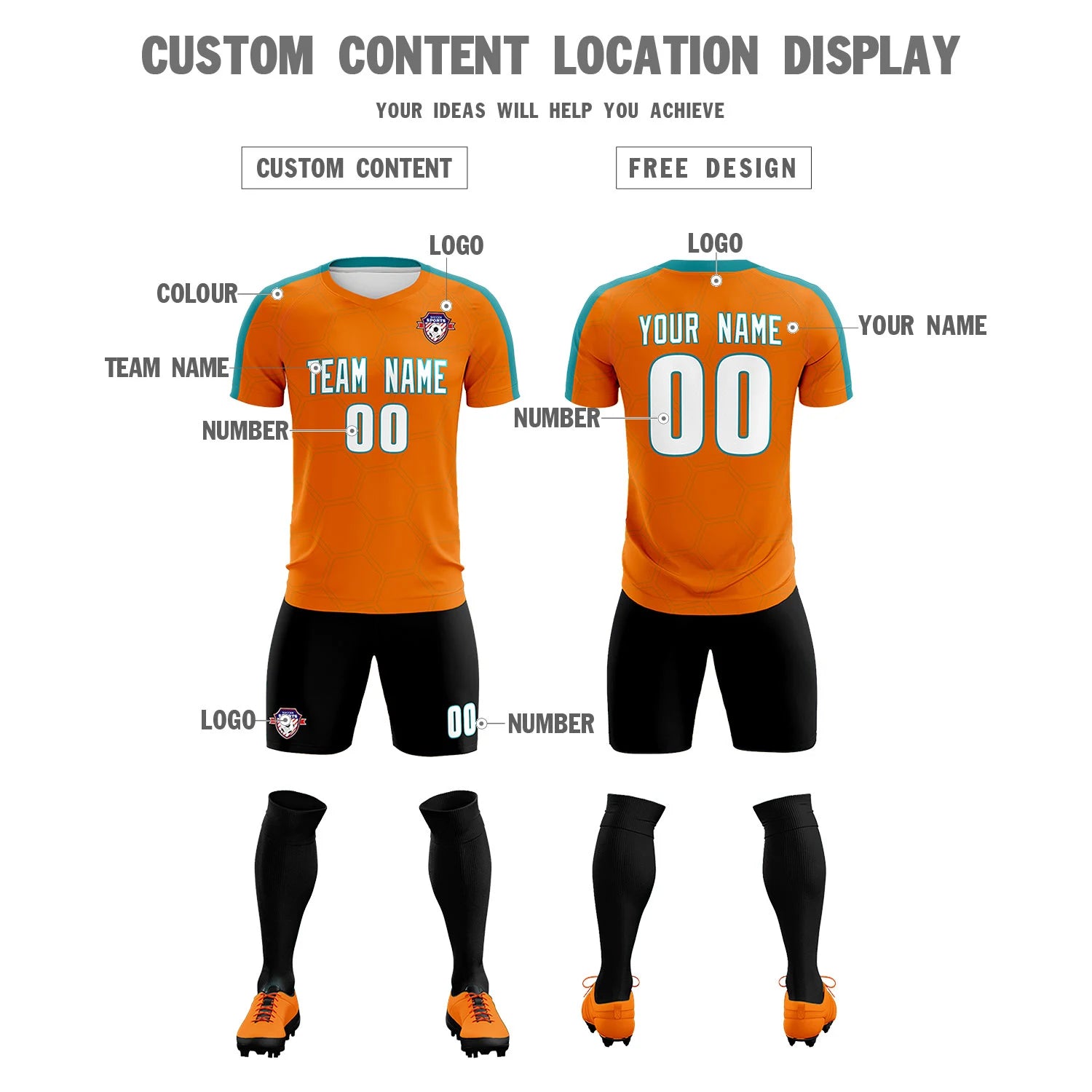 Custom Orange Aqua Outdoor Sport Soccer Sets Jersey