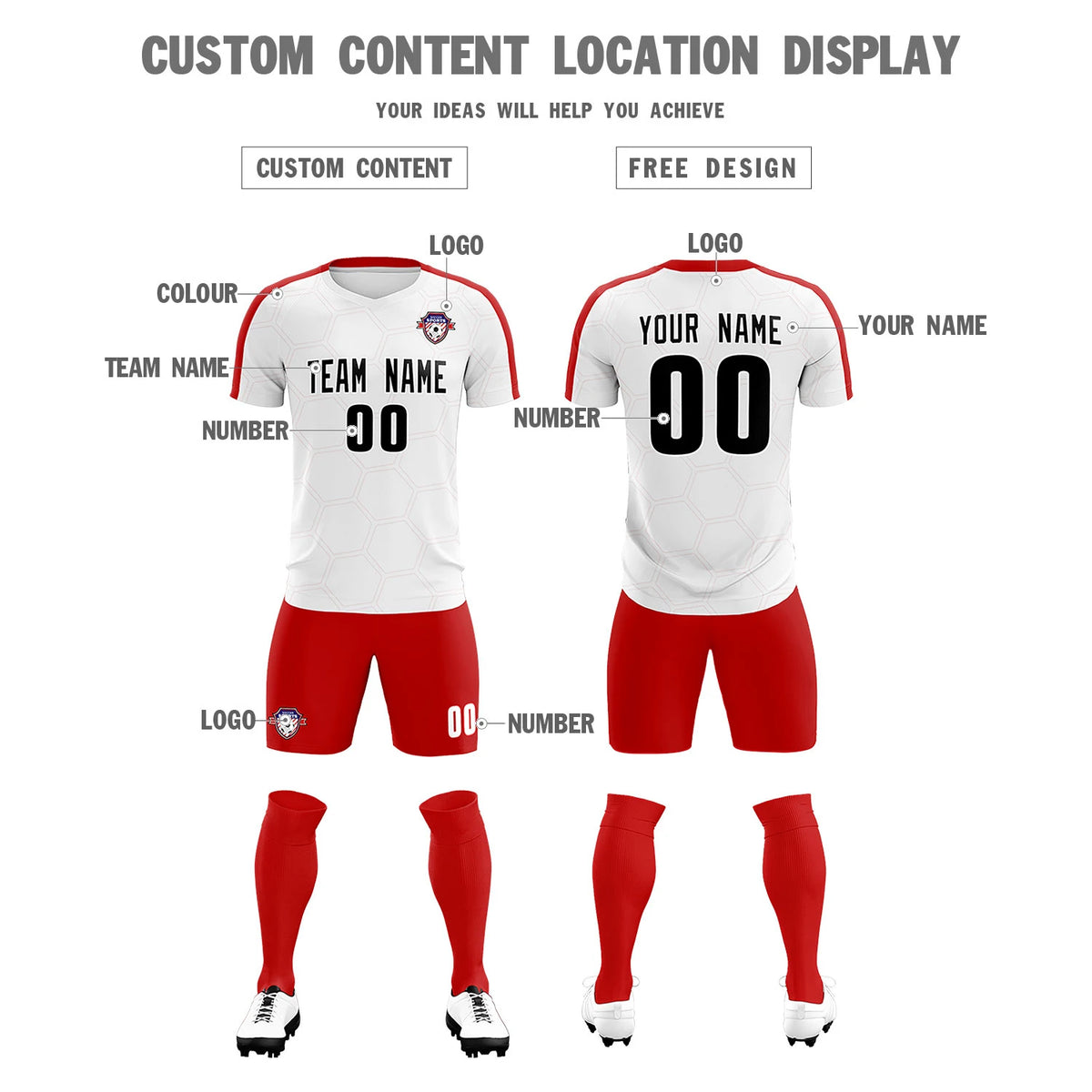 Custom White Red Outdoor Sport Soccer Sets Jersey