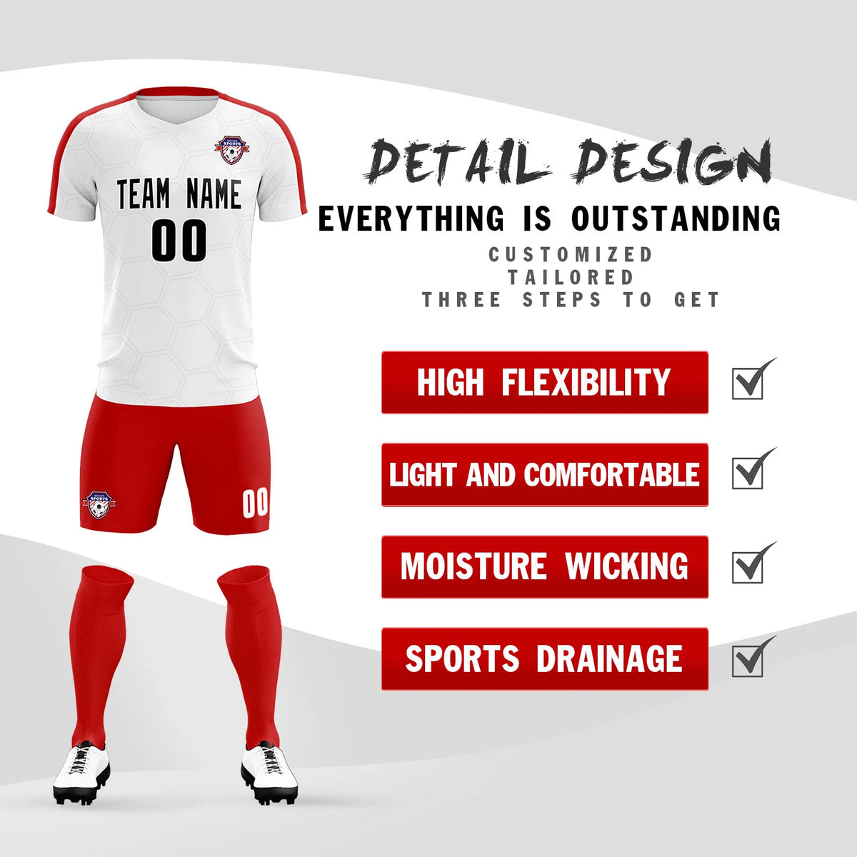 Custom White Red Outdoor Sport Soccer Sets Jersey