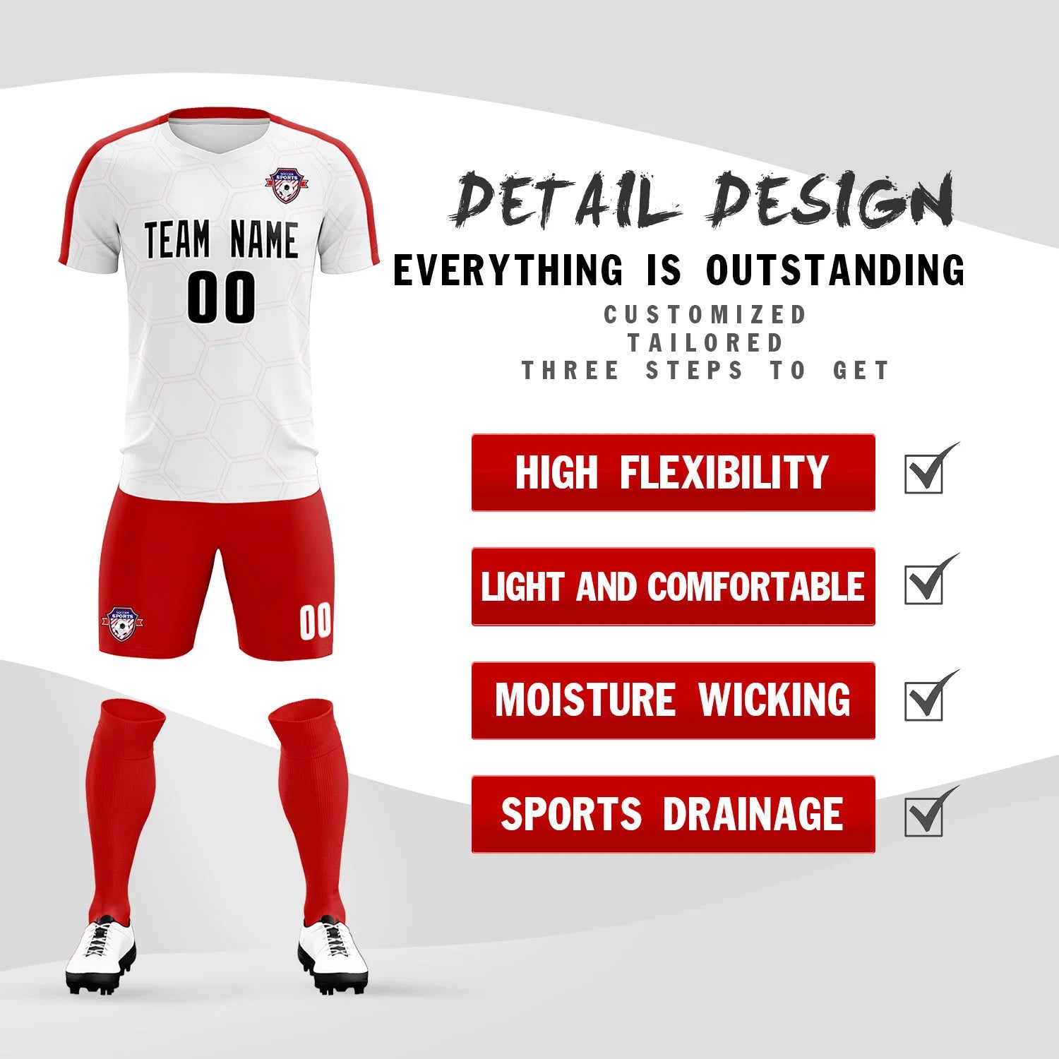 Custom White Red Outdoor Sport Soccer Sets Jersey