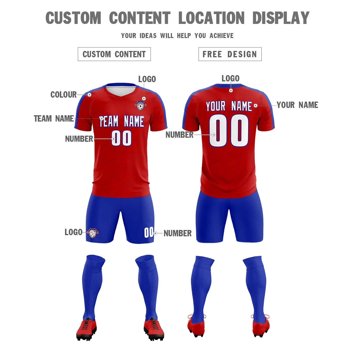 Custom Red Royal Blue Outdoor Sport Soccer Sets Jersey