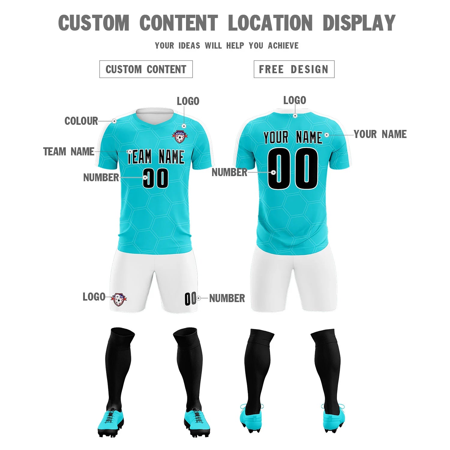 Custom Aqua White Outdoor Sport Soccer Sets Jersey