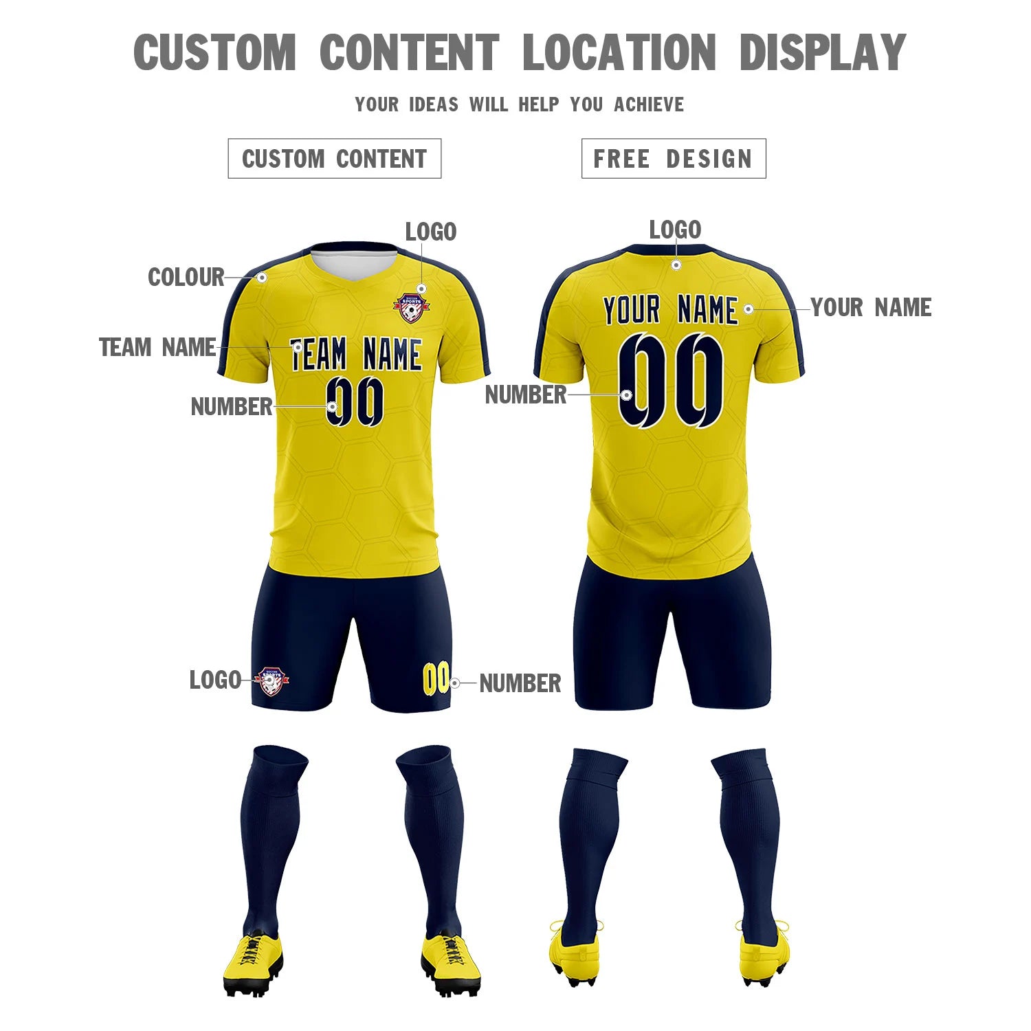 Custom Yellow Navy Outdoor Sport Soccer Sets Jersey