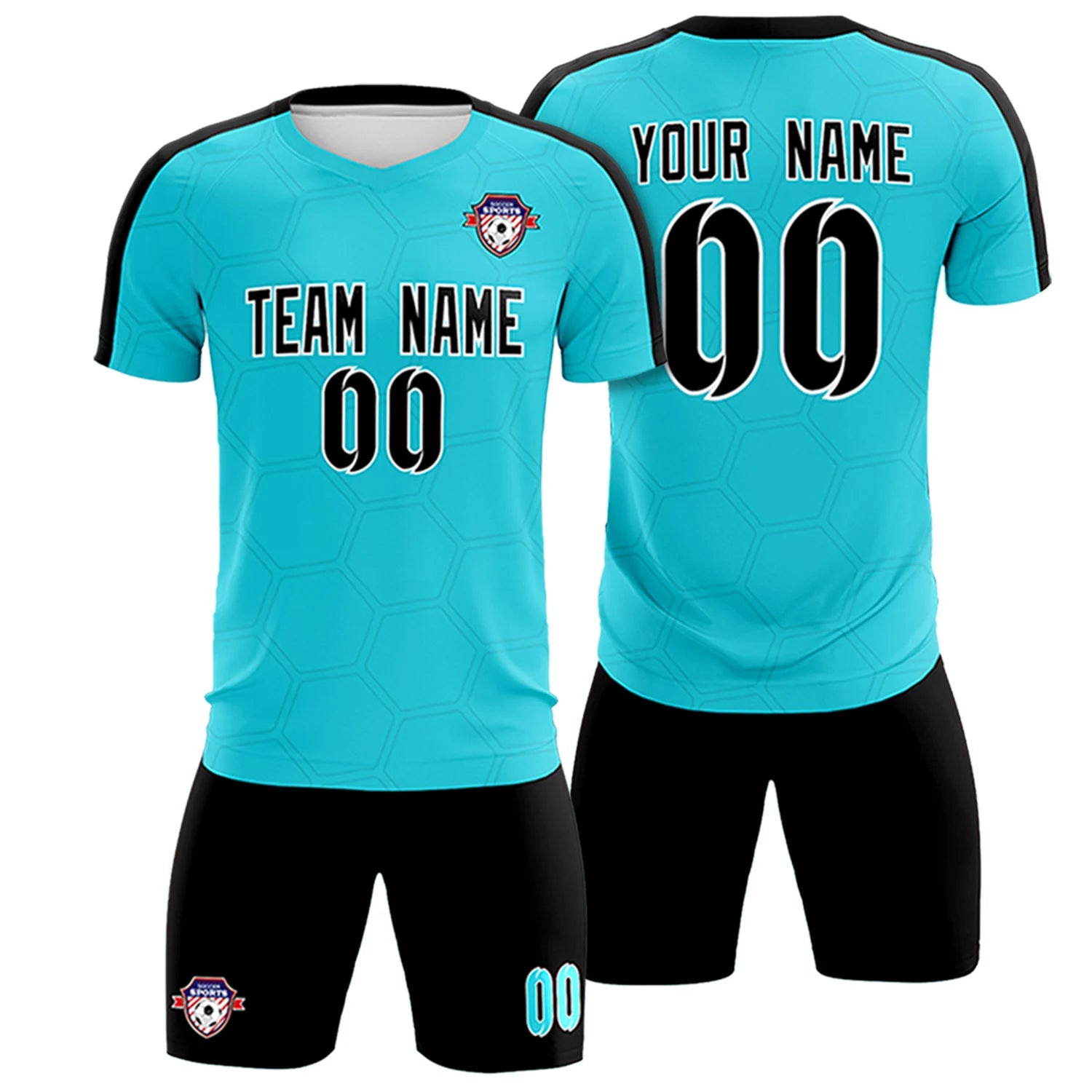 Custom Sky Blue Black Outdoor Sport Soccer Sets Jersey