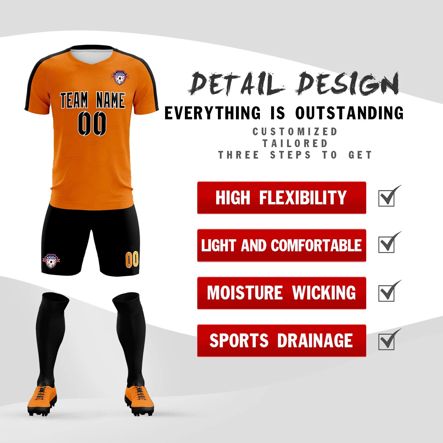 Custom Orange Black Outdoor Sport Soccer Sets Jersey