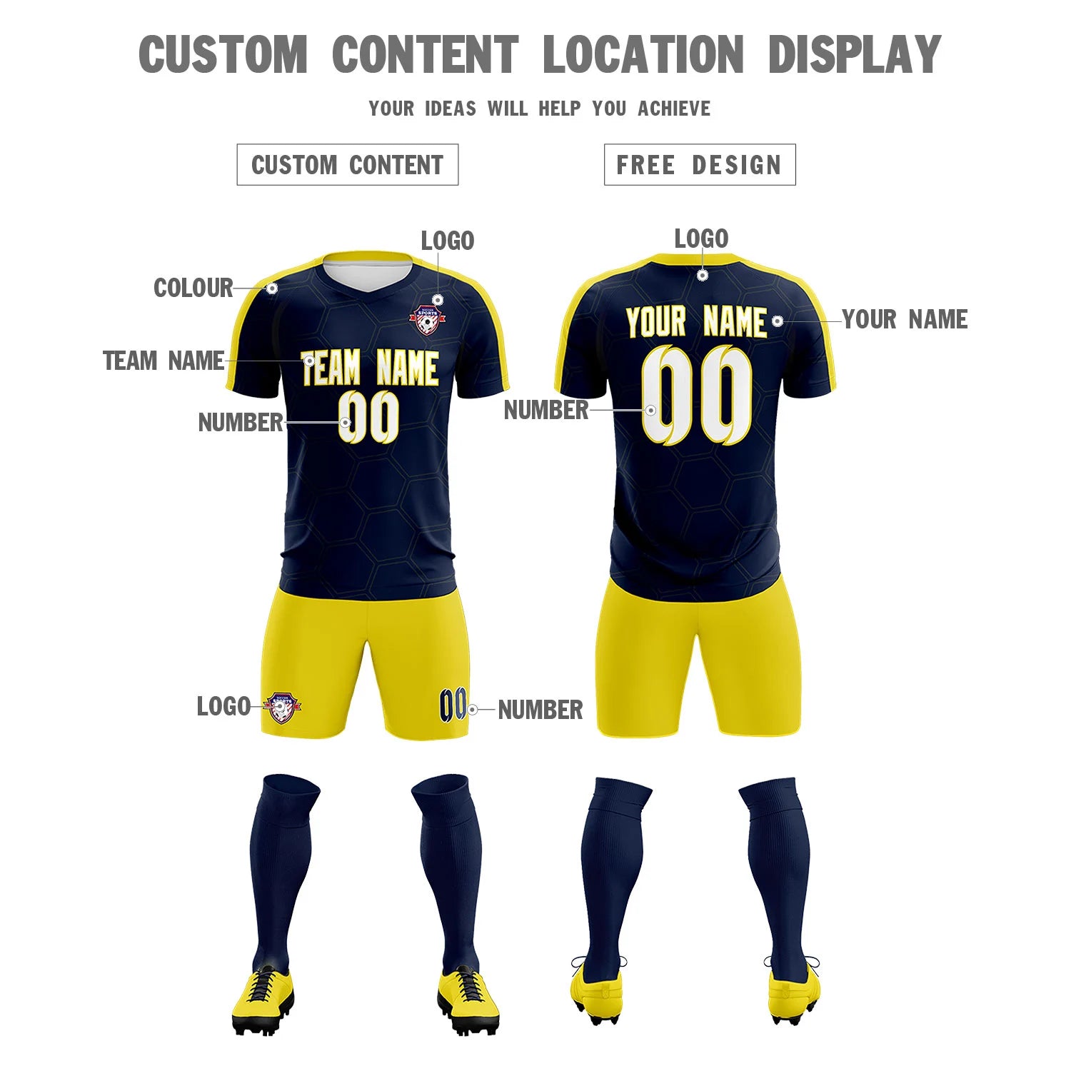 Custom Navy Yellow Outdoor Sport Soccer Sets Jersey