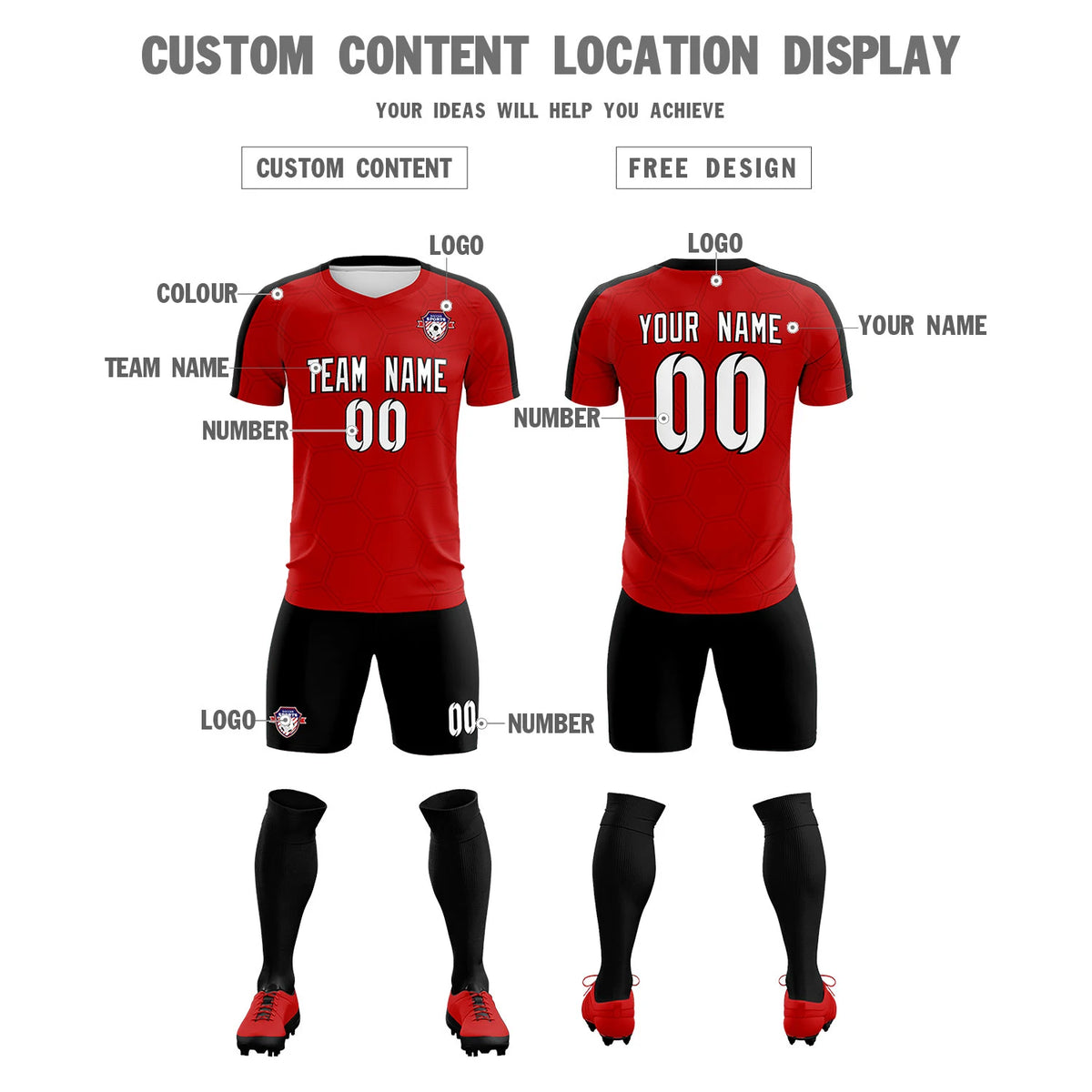 Custom Red Black Outdoor Sport Soccer Sets Jersey