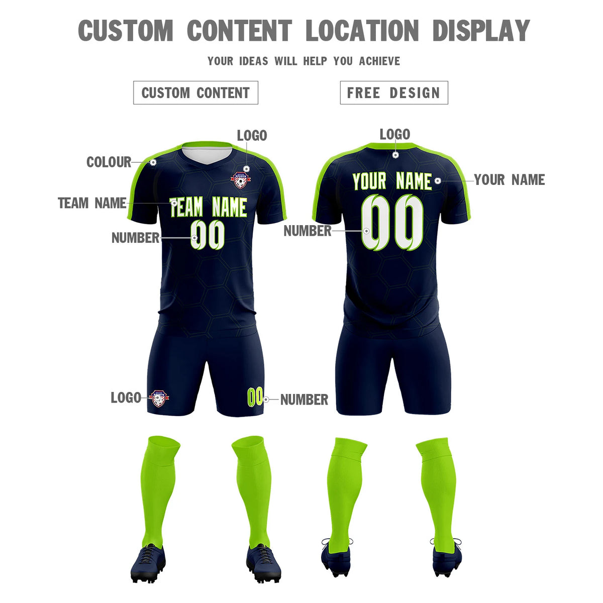 Custom Navy Neon Green Outdoor Sport Soccer Sets Jersey