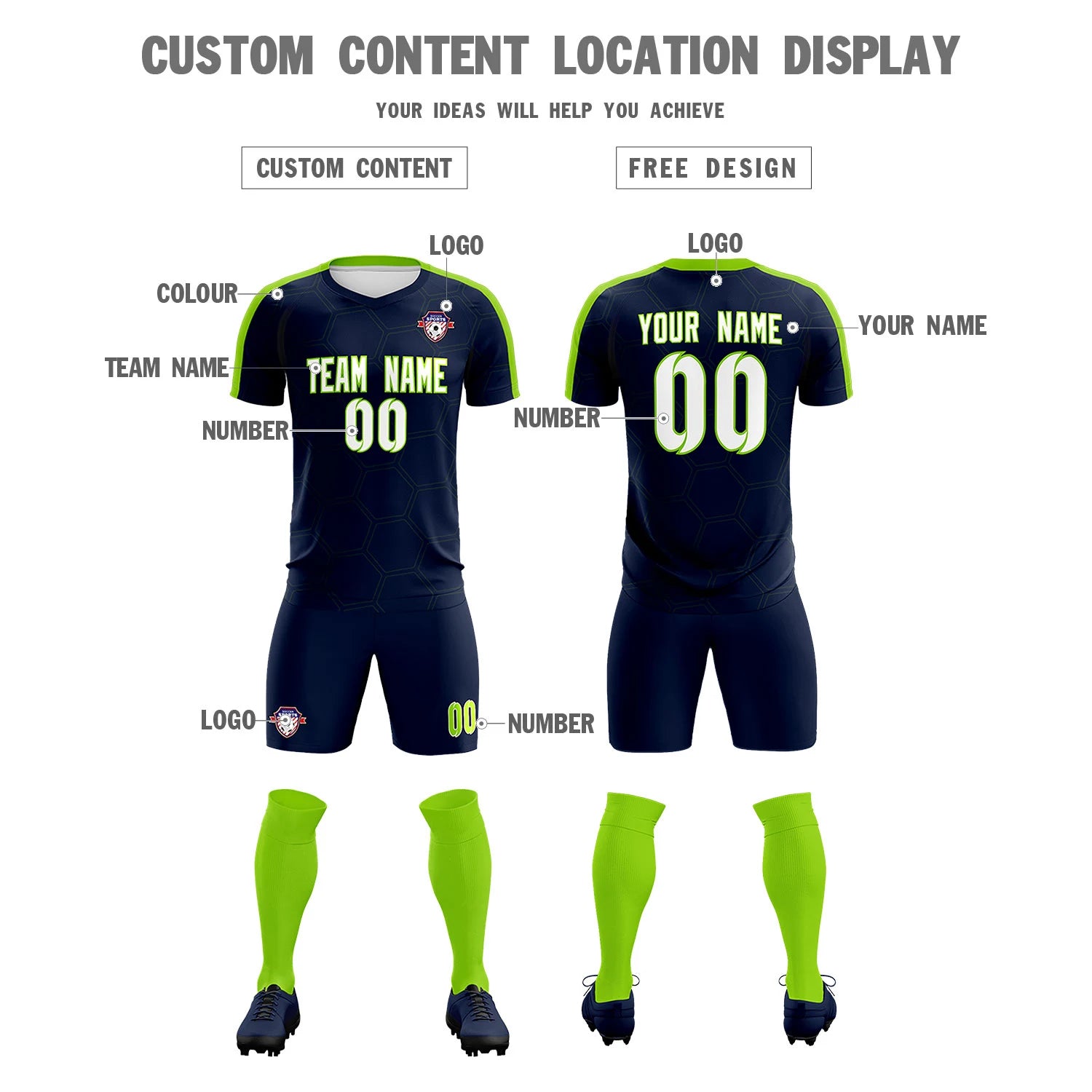 Custom Navy Neon Green Outdoor Sport Soccer Sets Jersey
