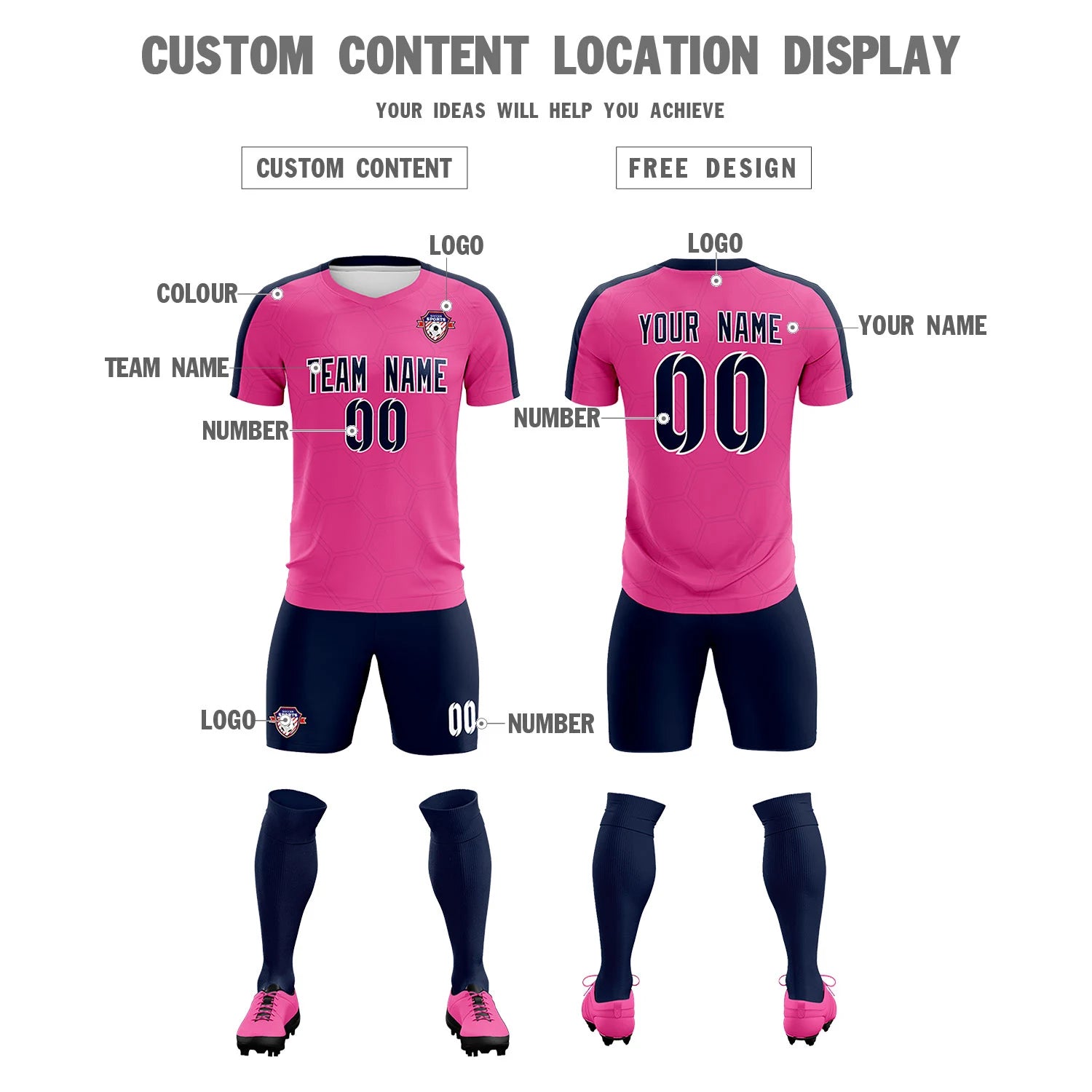 Custom Pink Navy Outdoor Sport Soccer Sets Jersey