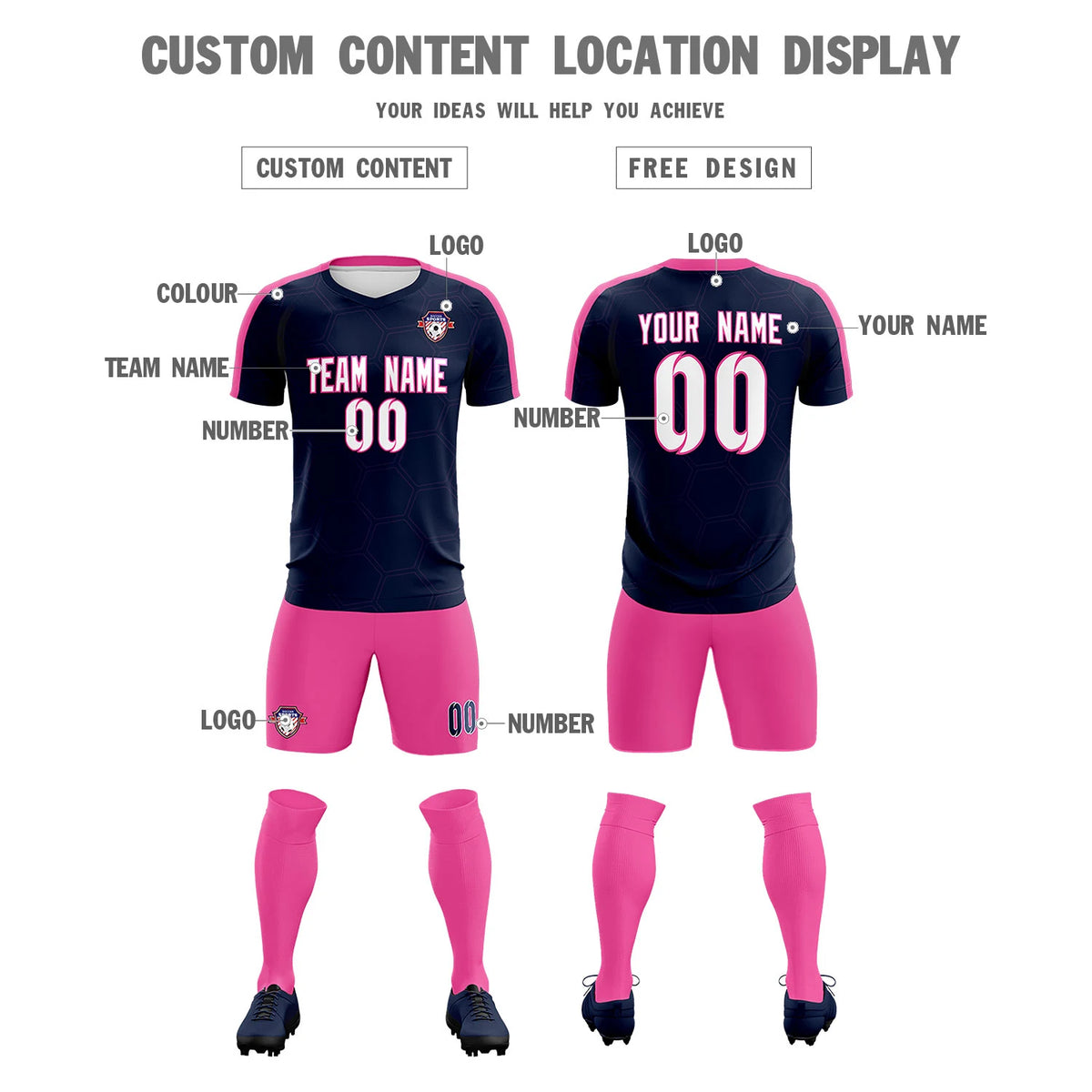 Custom Navy Pink Outdoor Sport Soccer Sets Jersey