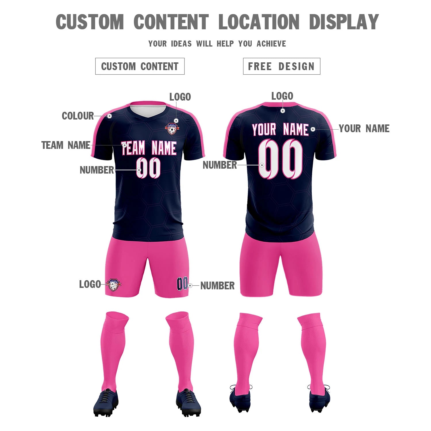 Custom Navy Pink Outdoor Sport Soccer Sets Jersey