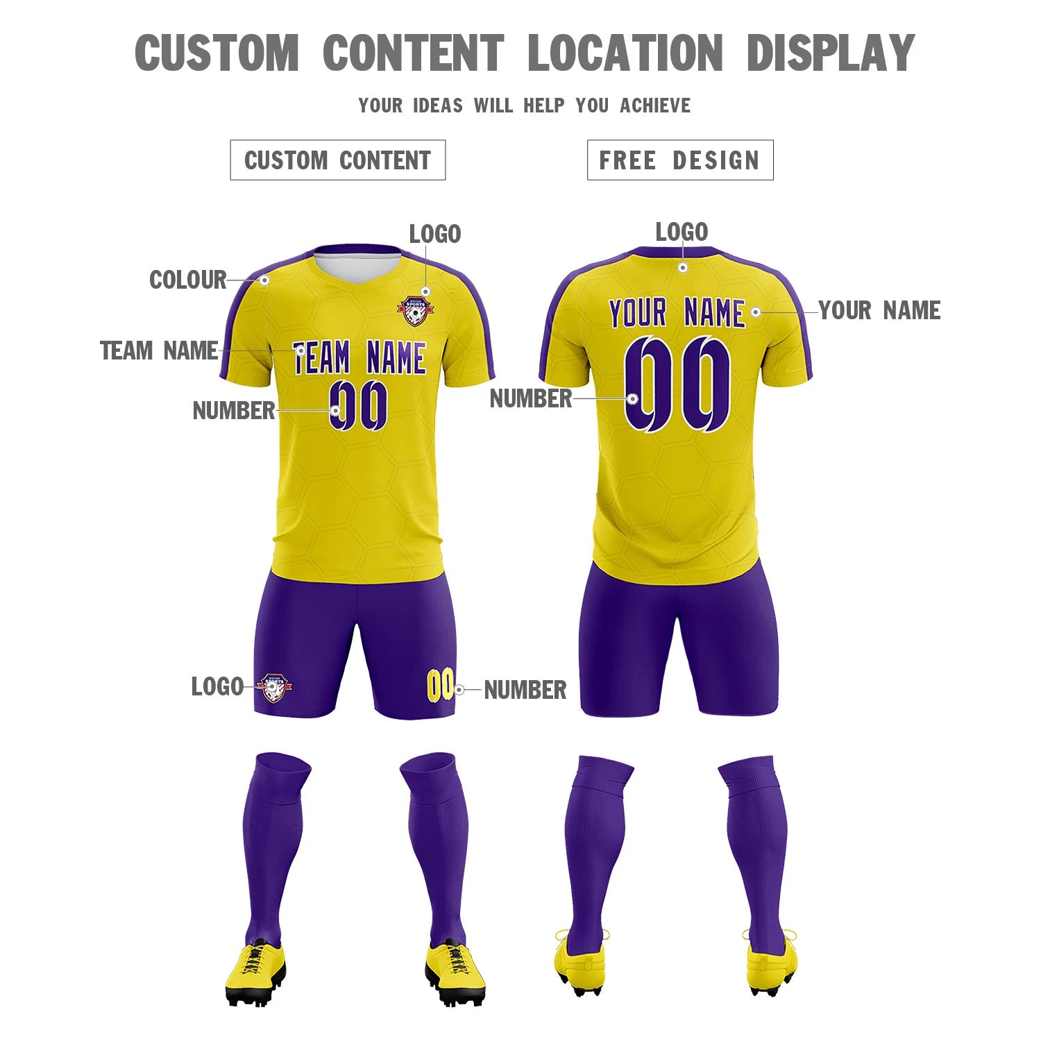 Custom Yellow Purple Outdoor Sport Soccer Sets Jersey