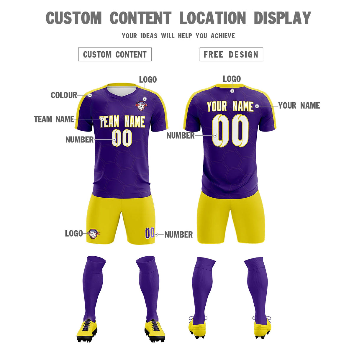 Custom Purple Yellow Outdoor Sport Soccer Sets Jersey