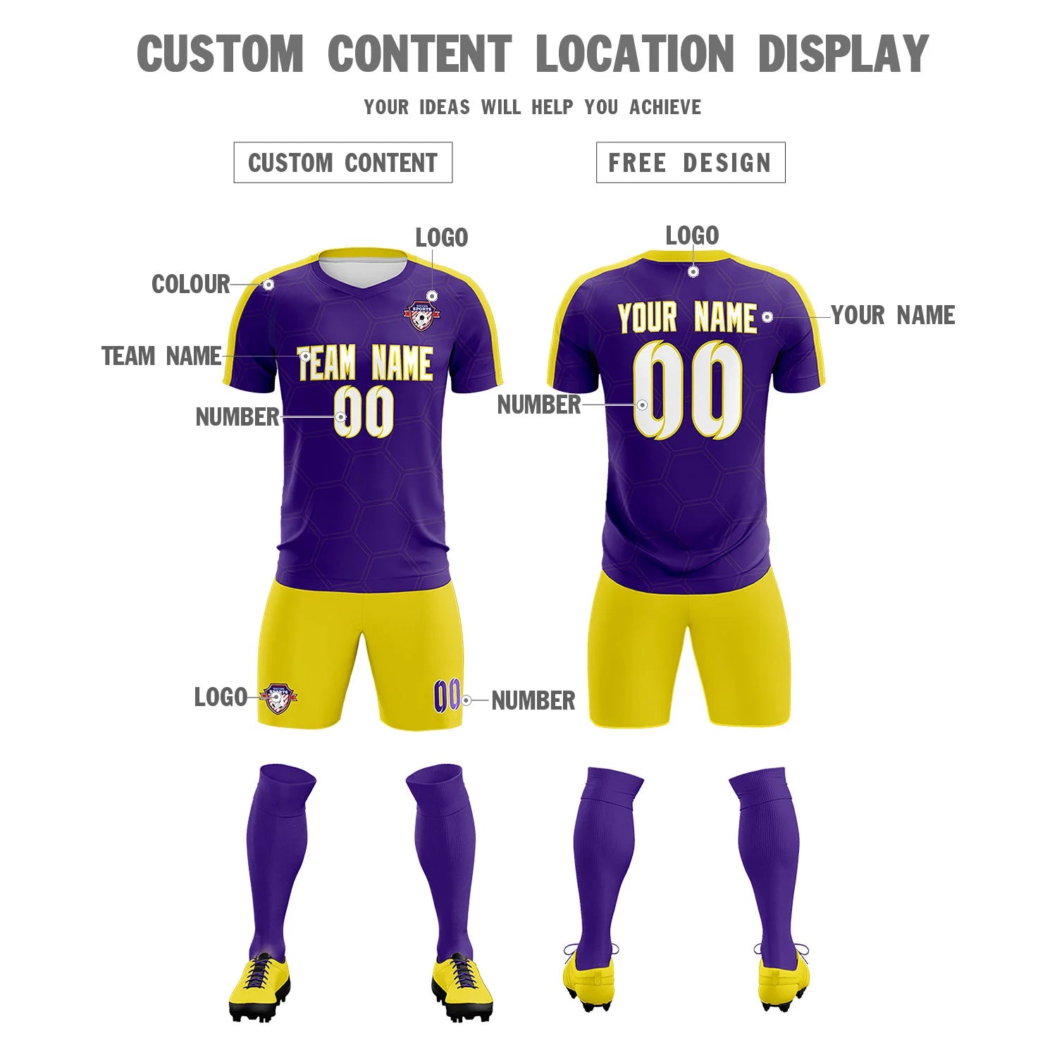 Custom Purple Yellow Outdoor Sport Soccer Sets Jersey