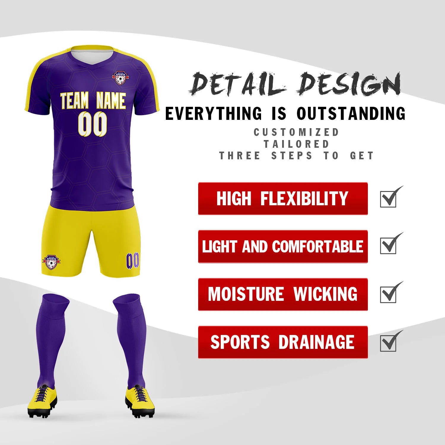 Custom Purple Yellow Outdoor Sport Soccer Sets Jersey