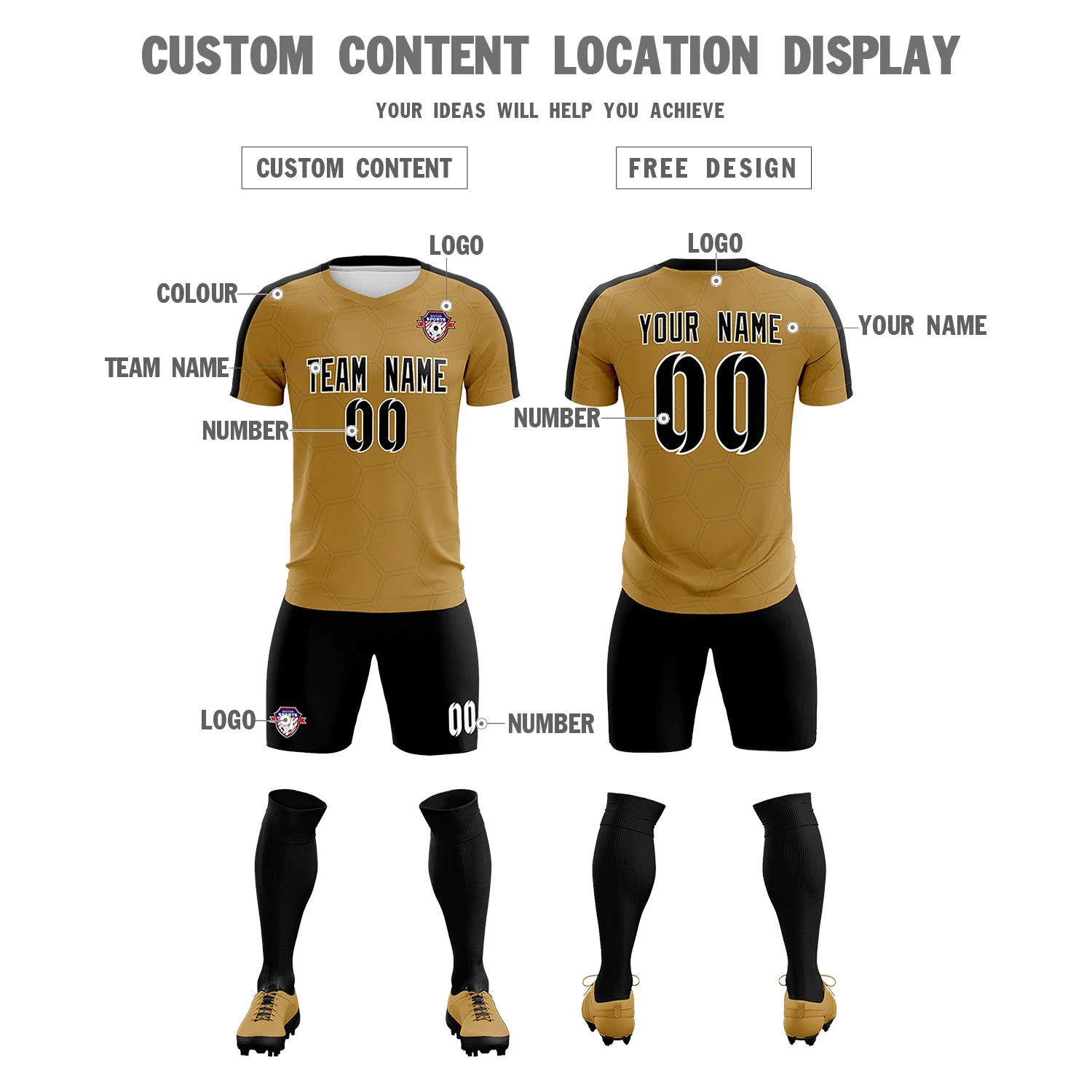 Custom Old Gold Black Outdoor Sport Soccer Sets Jersey