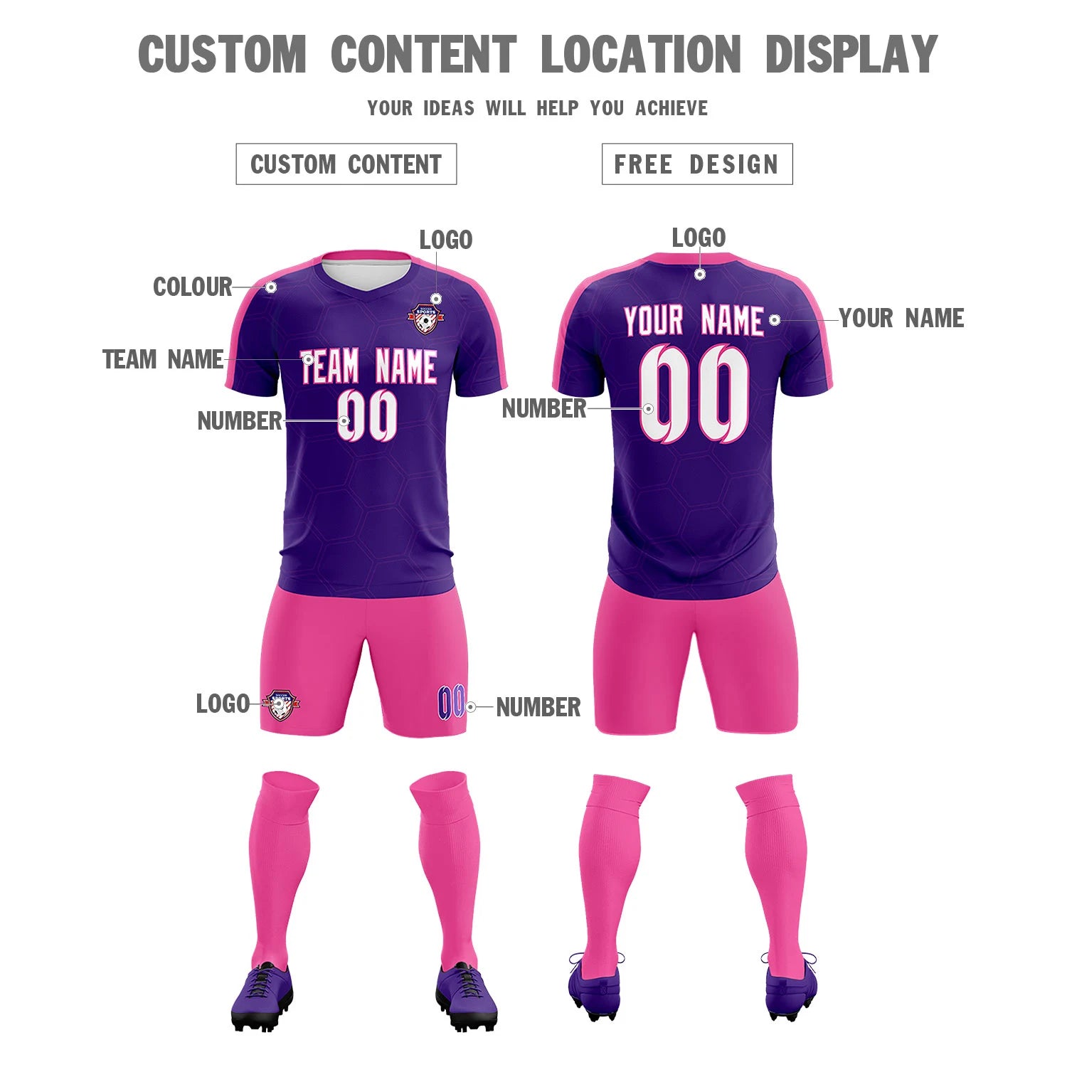 Custom Purple Pink Outdoor Sport Soccer Sets Jersey