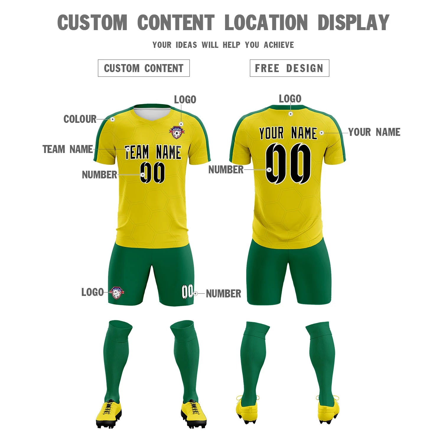 Custom Yellow Kelly Green Outdoor Sport Soccer Sets Jersey