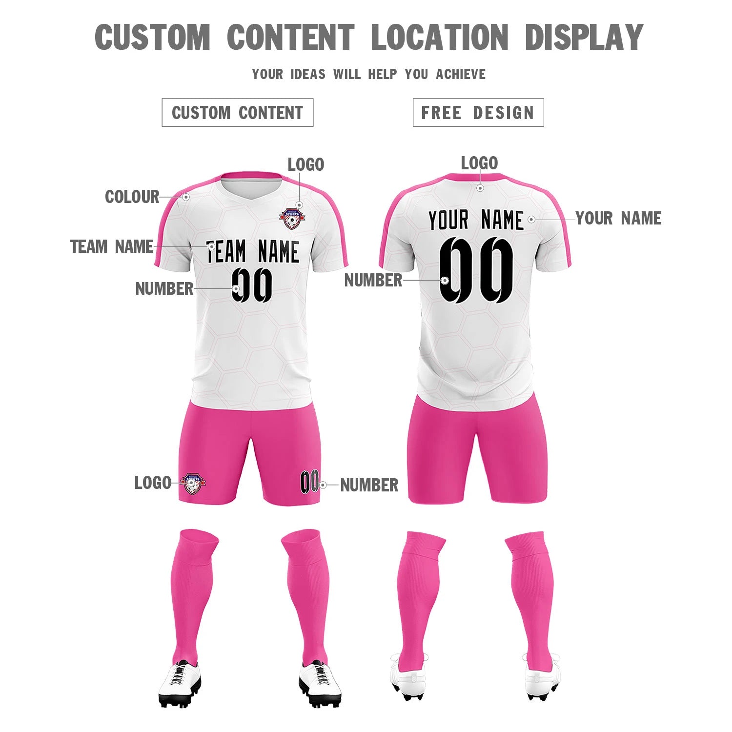 Custom White Pink Outdoor Sport Soccer Sets Jersey