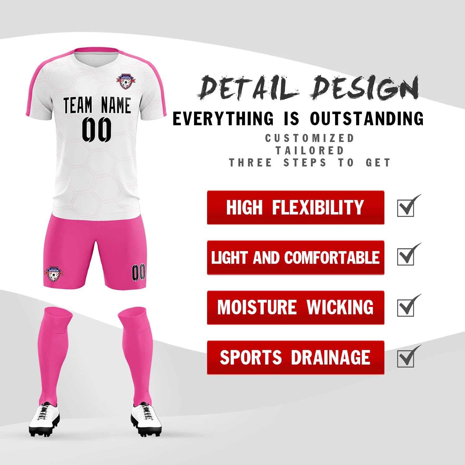 Custom White Pink Outdoor Sport Soccer Sets Jersey