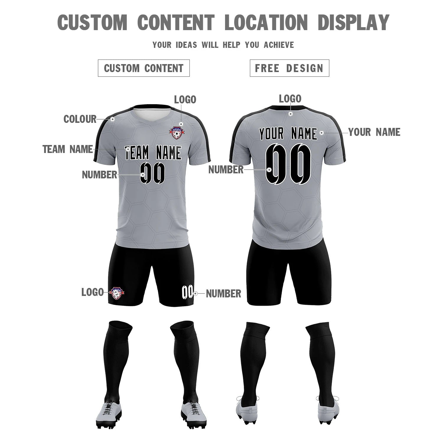 Custom Gray Black Outdoor Sport Soccer Sets Jersey