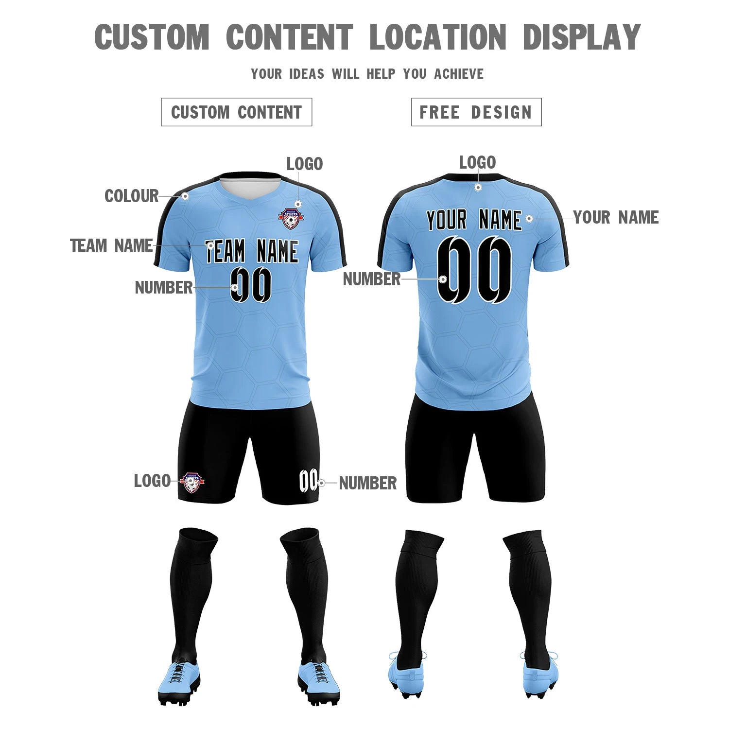 Custom Light Blue Black Outdoor Sport Soccer Sets Jersey