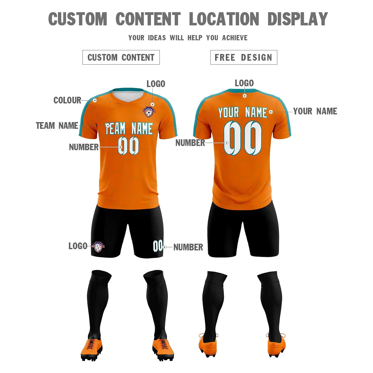 Custom Orange Aqua Outdoor Sport Soccer Sets Jersey