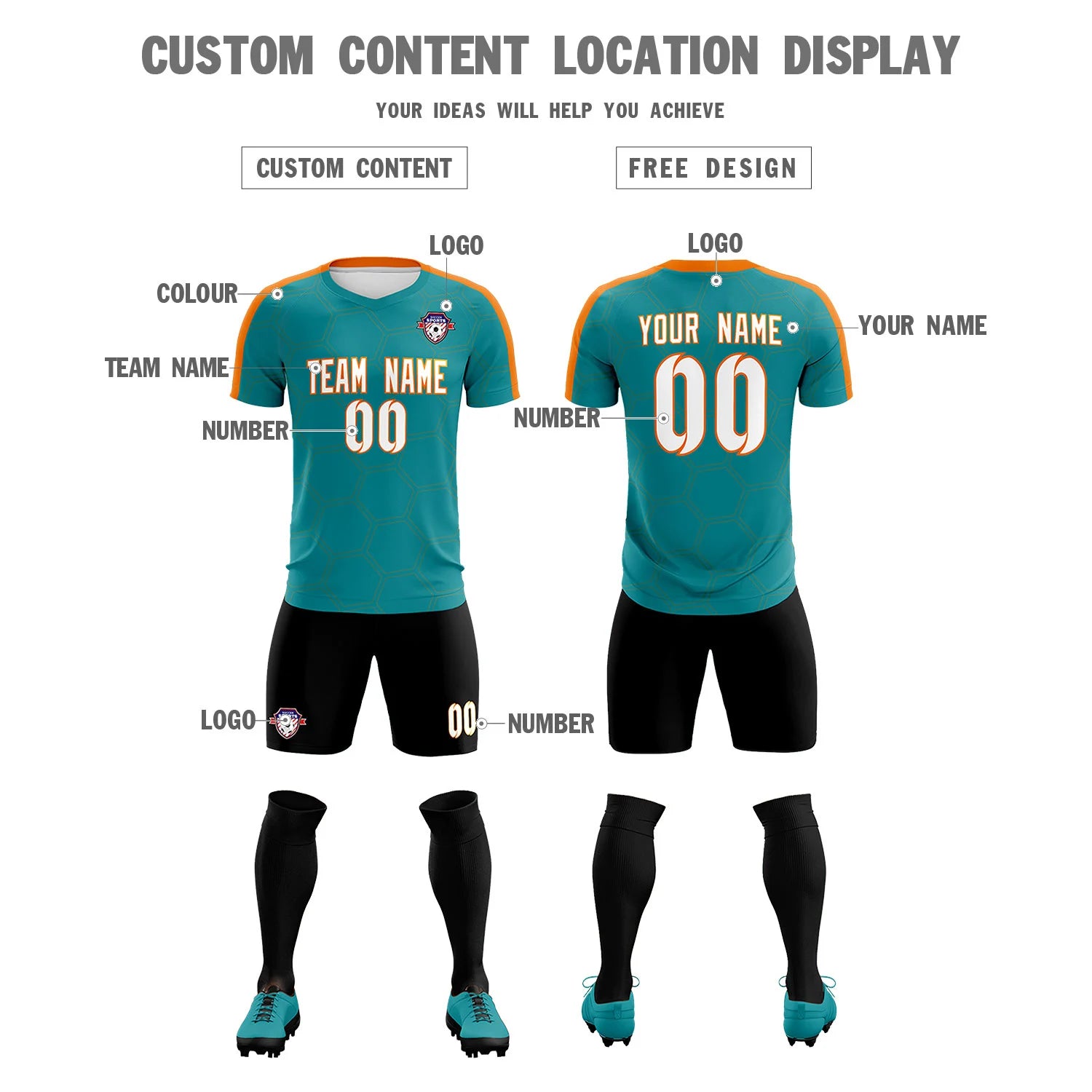 Custom Aqua Orange Outdoor Sport Soccer Sets Jersey