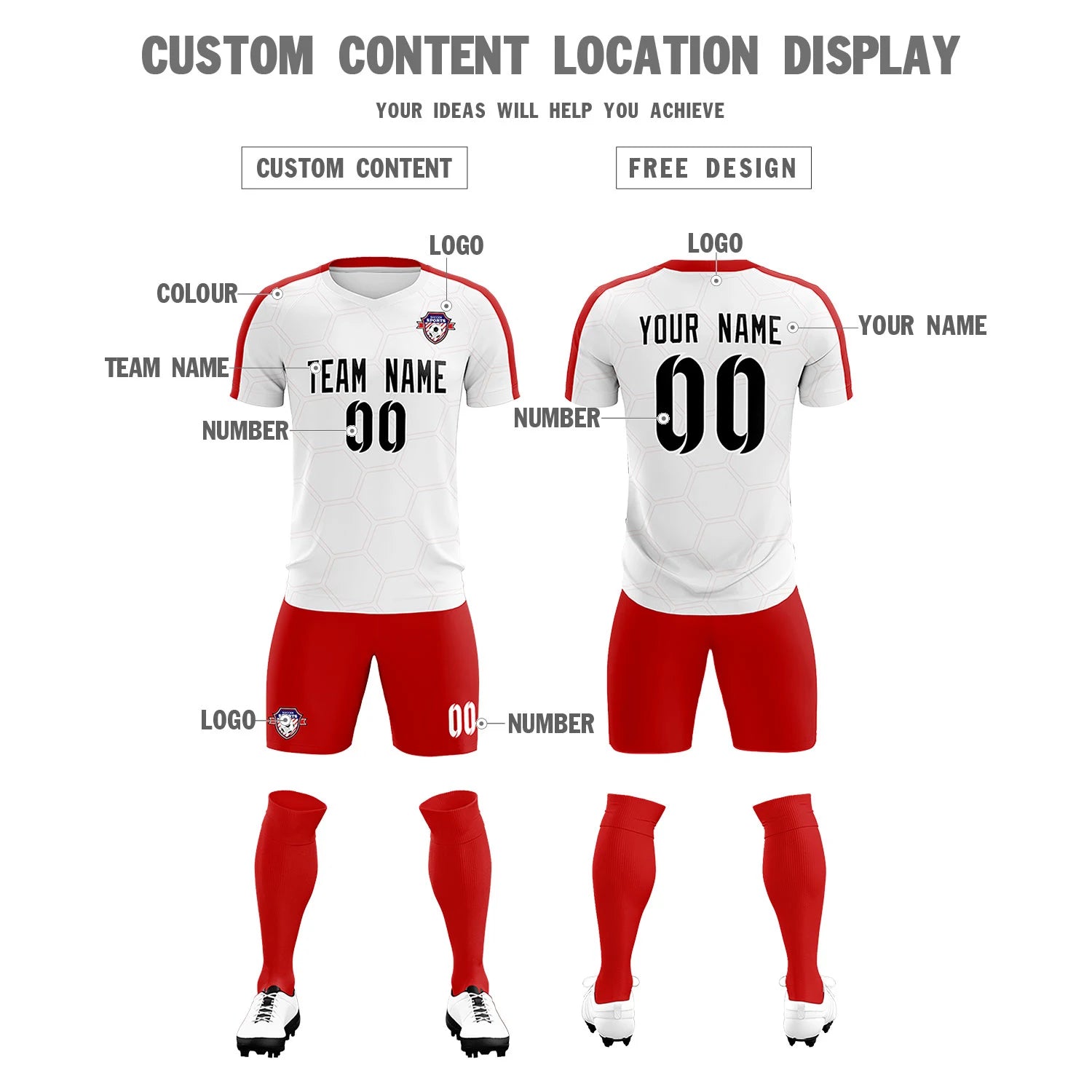 Custom White Red Outdoor Sport Soccer Sets Jersey