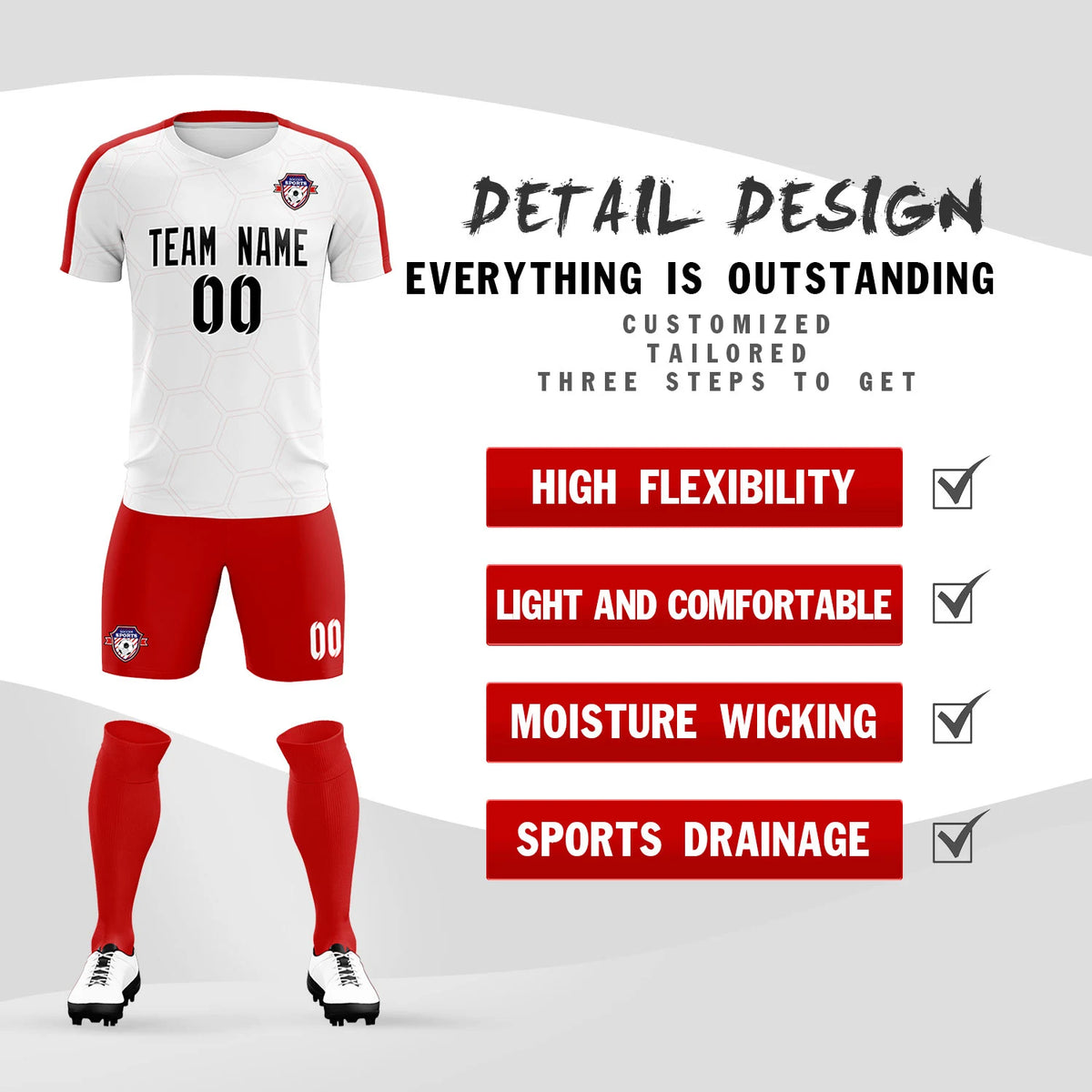 Custom White Red Outdoor Sport Soccer Sets Jersey