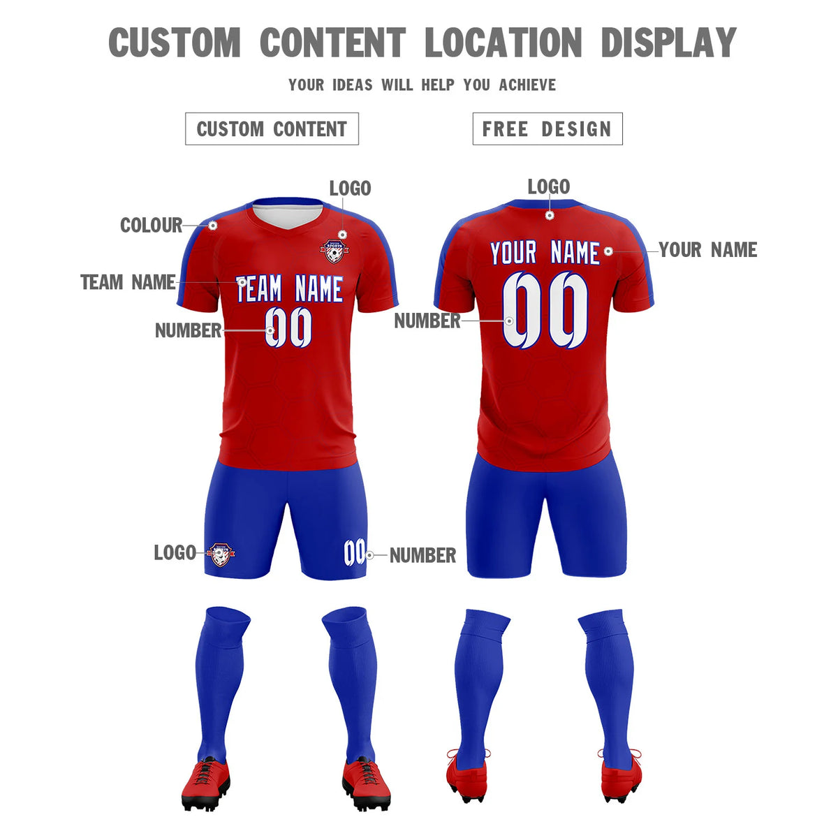 Custom Red Royal Blue Outdoor Sport Soccer Sets Jersey
