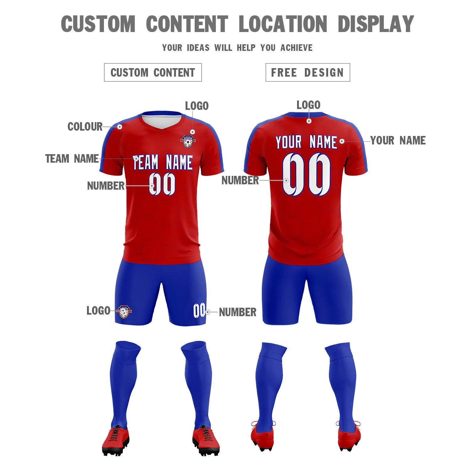 Custom Red Royal Blue Outdoor Sport Soccer Sets Jersey