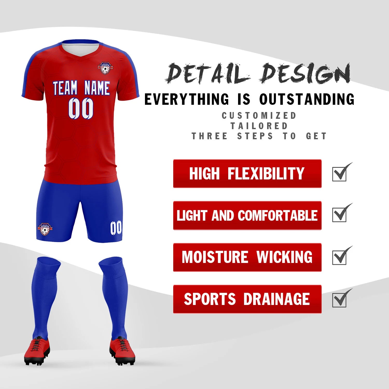 Custom Red Royal Blue Outdoor Sport Soccer Sets Jersey