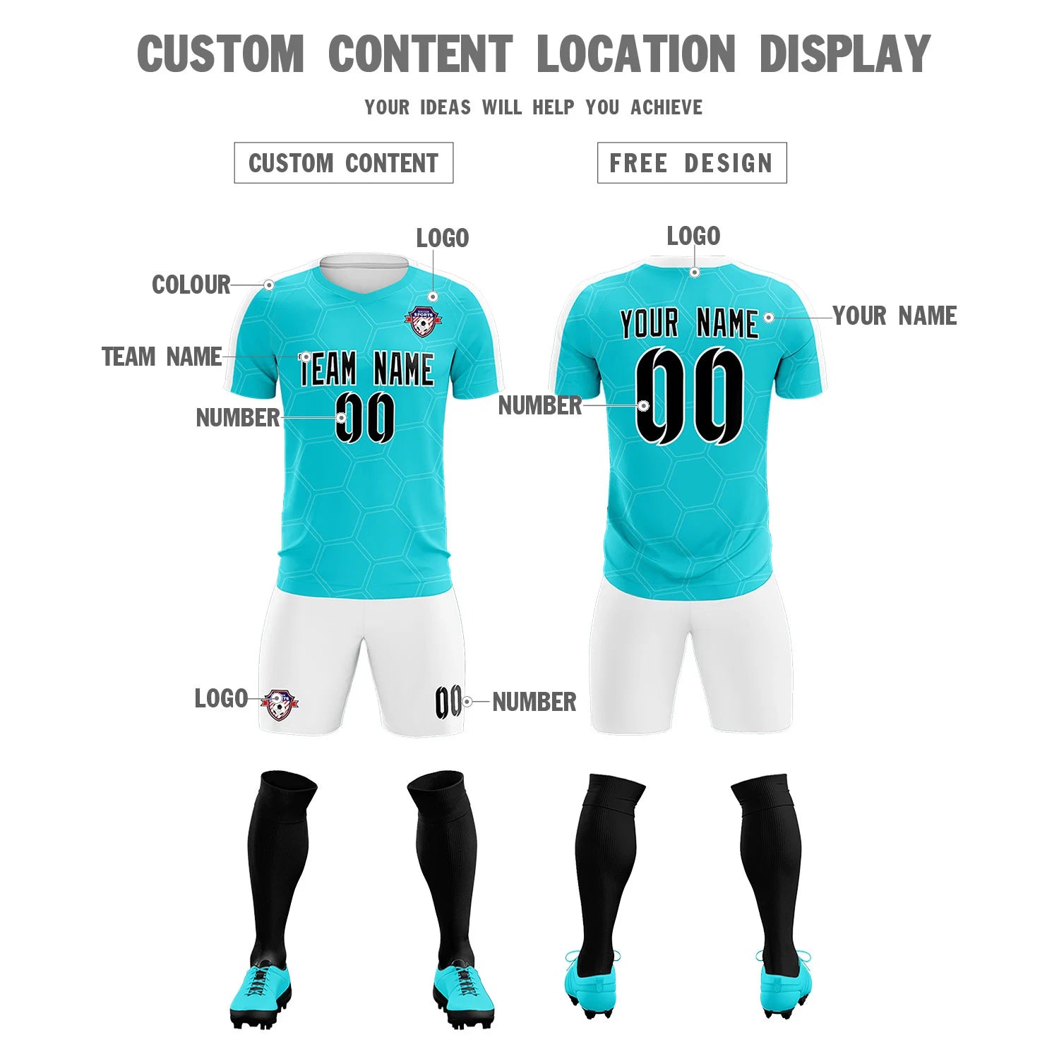 Custom Aqua White Outdoor Sport Soccer Sets Jersey