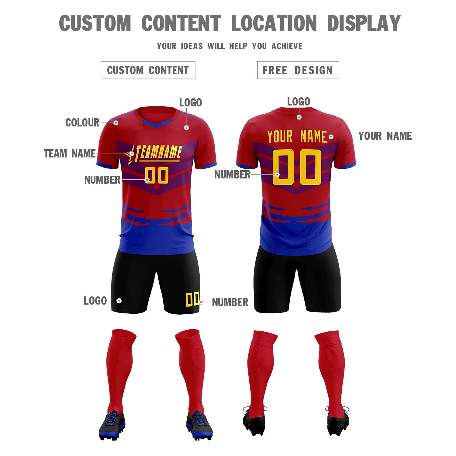 Custom Red Royal Blue Men Uniform Soccer Sets Jersey