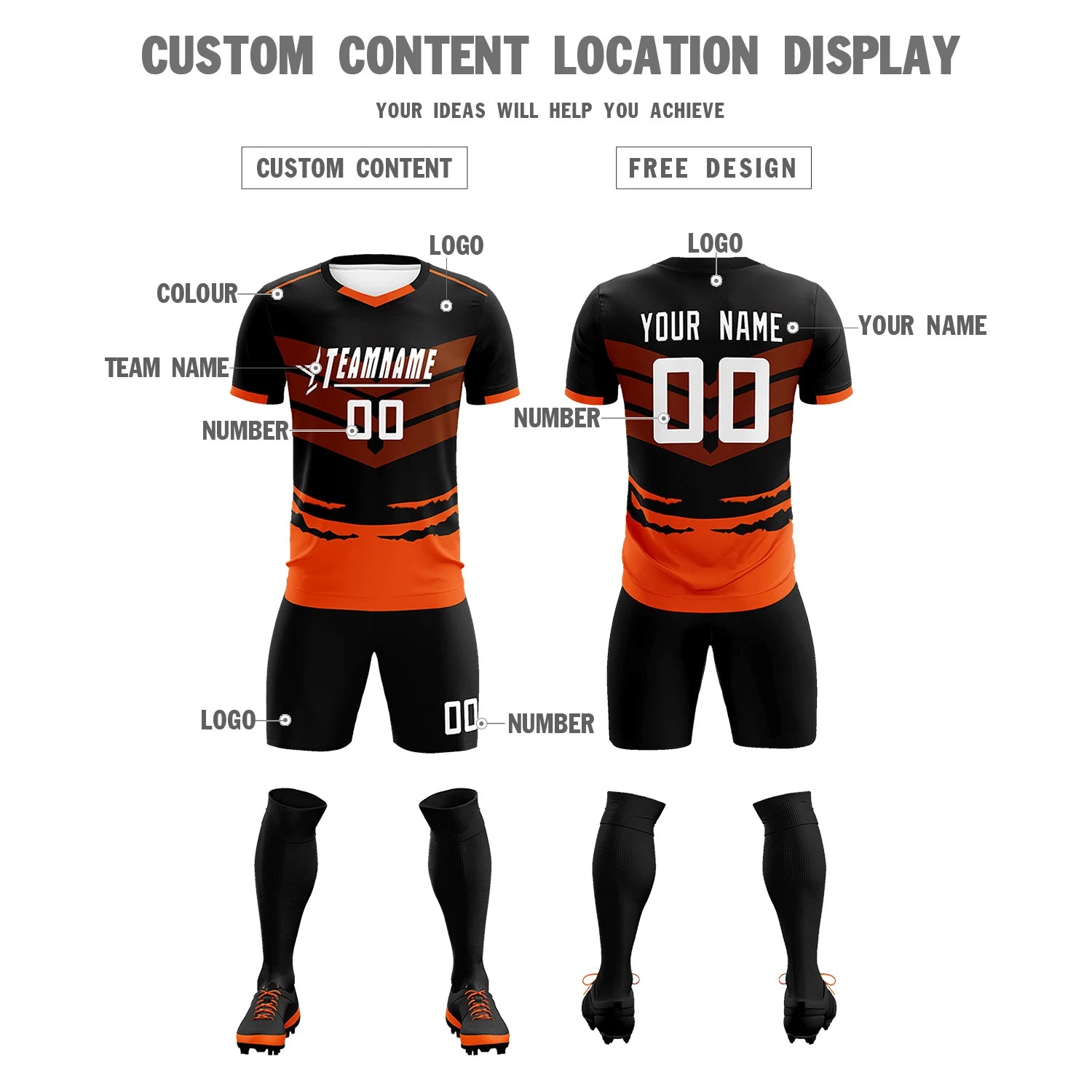 Custom Black Orange Men Uniform Soccer Sets Jersey