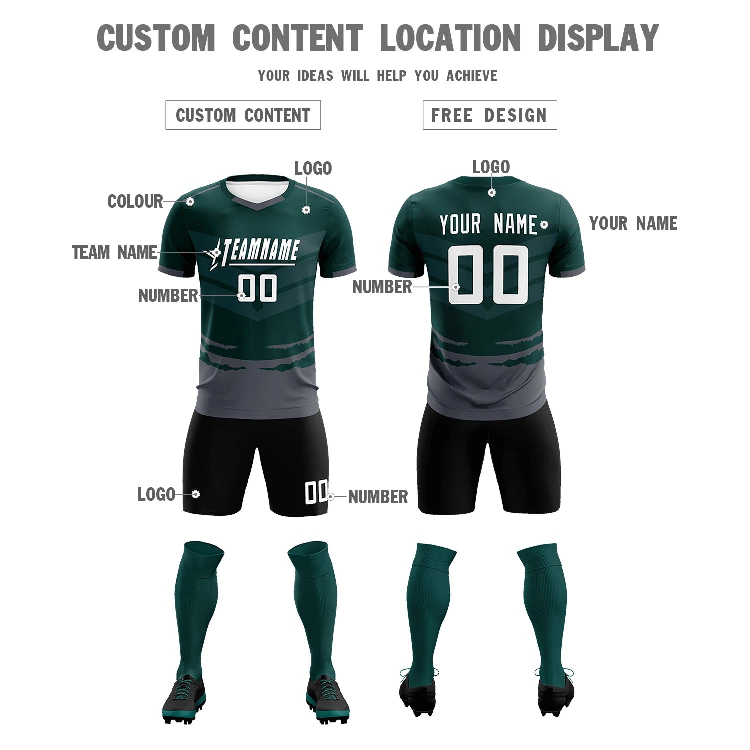 Custom Midnight Green Dark Gray Men Uniform Soccer Sets Jersey
