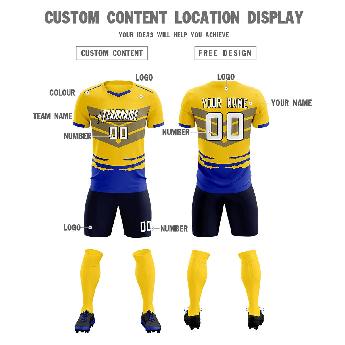 Custom Gold01 Royal Blue Men Uniform Soccer Sets Jersey