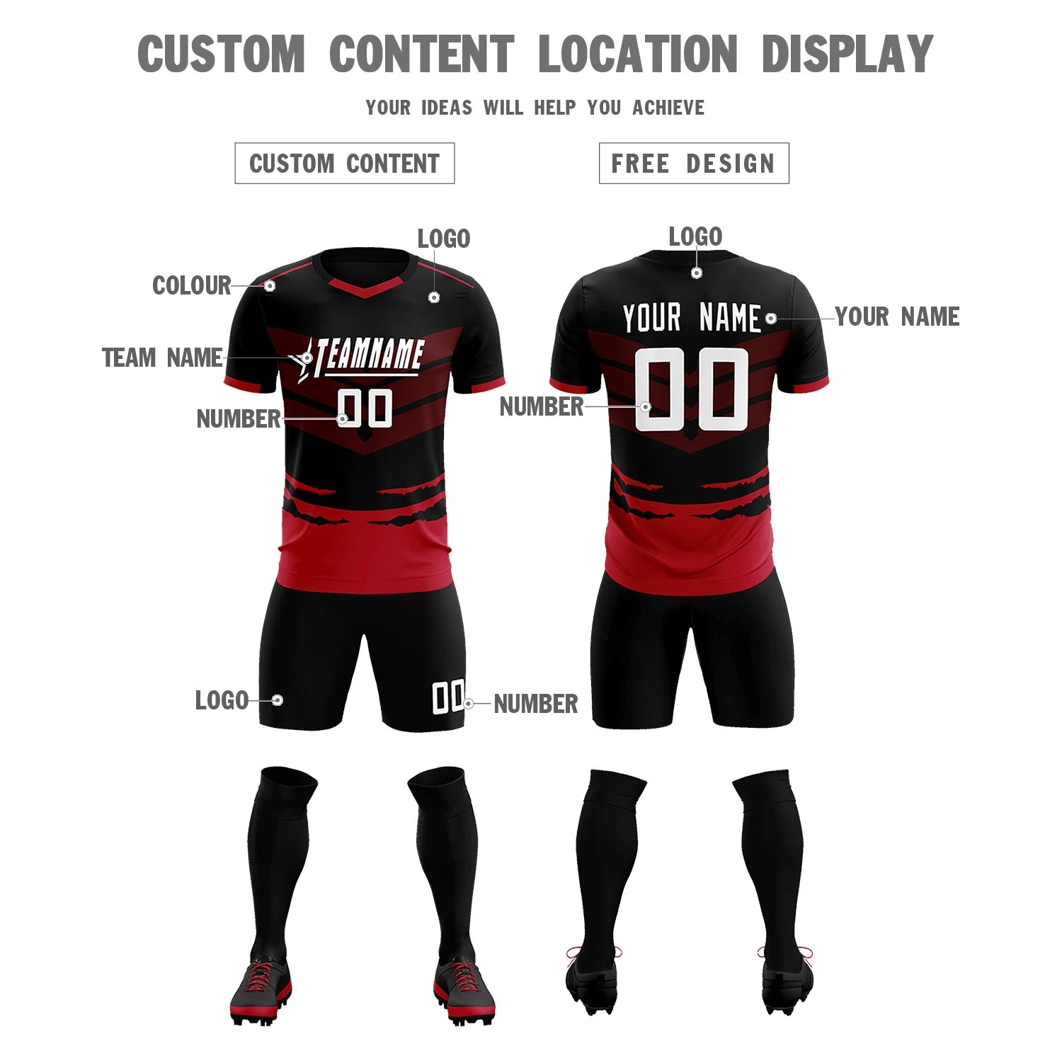 Custom Black Red Men Uniform Soccer Sets Jersey