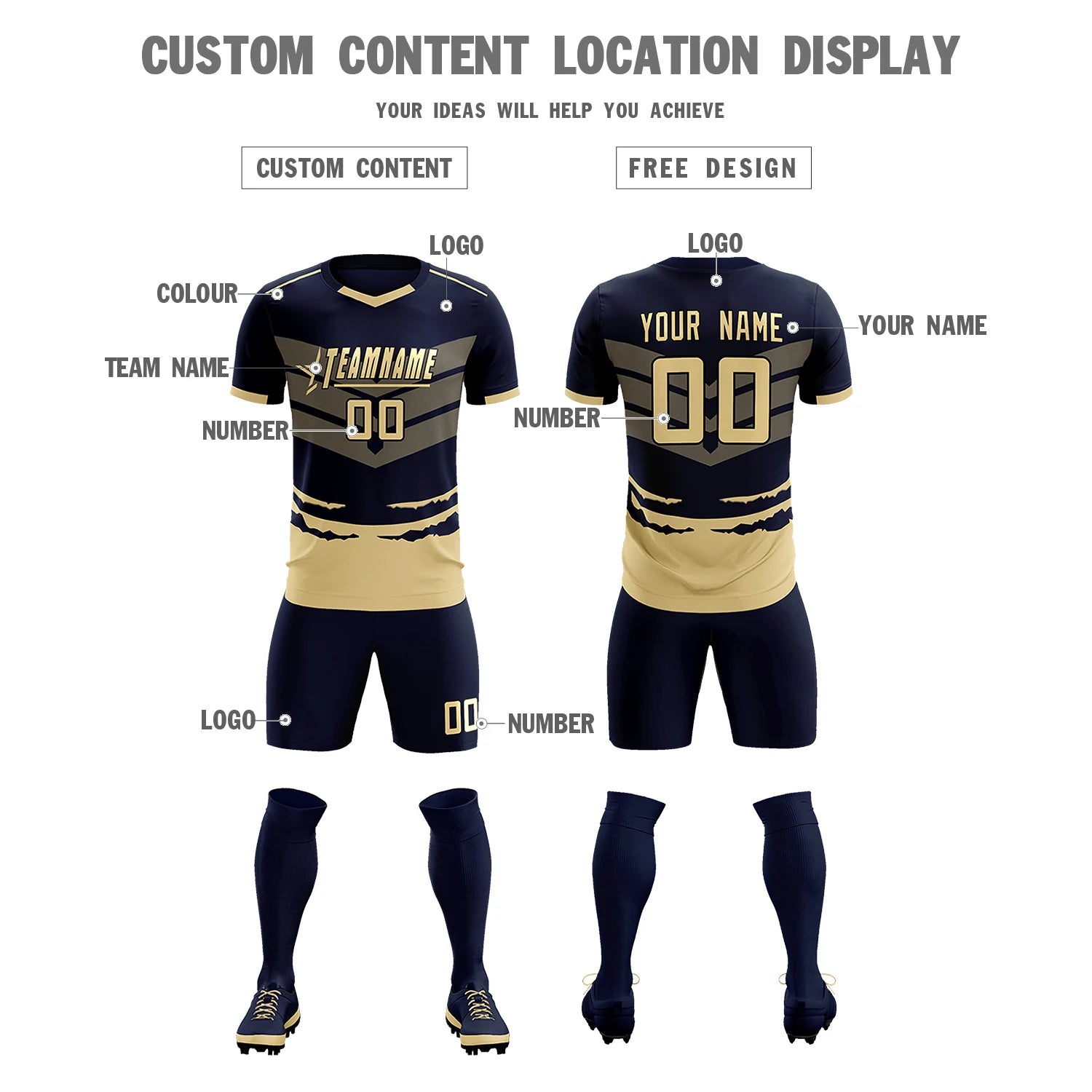 Custom Navy Khaki Men Uniform Soccer Sets Jersey